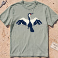 bay heavyweight tee with a flat-geometric cormorant, wings spread graphic.