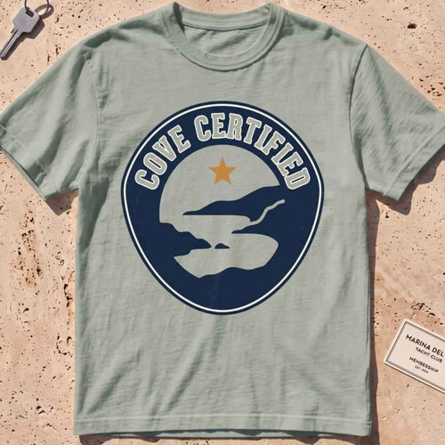 bay heavyweight tee with a mock "Cove Certified" certification badge graphic.