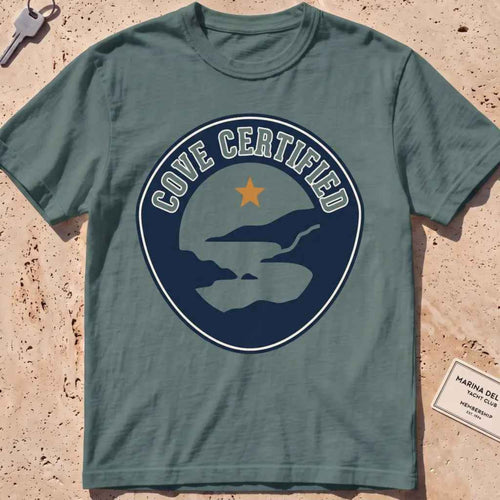blue spruce heavyweight tee with a mock "Cove Certified" certification badge graphic.