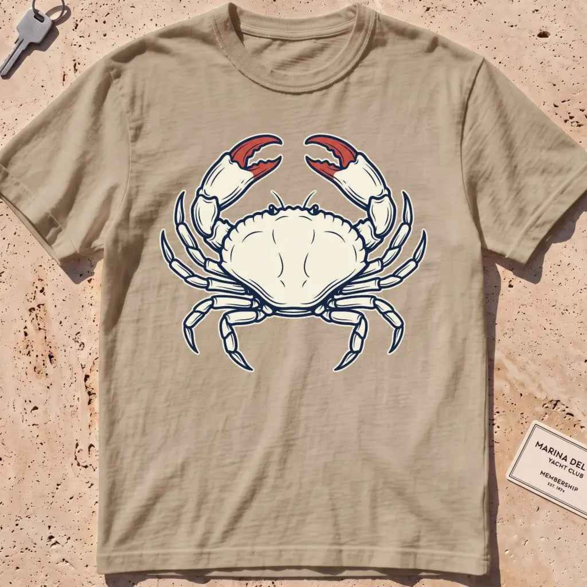 khaki heavyweight tee with a finely engraved crab in vintage coastal-wildlife line style.