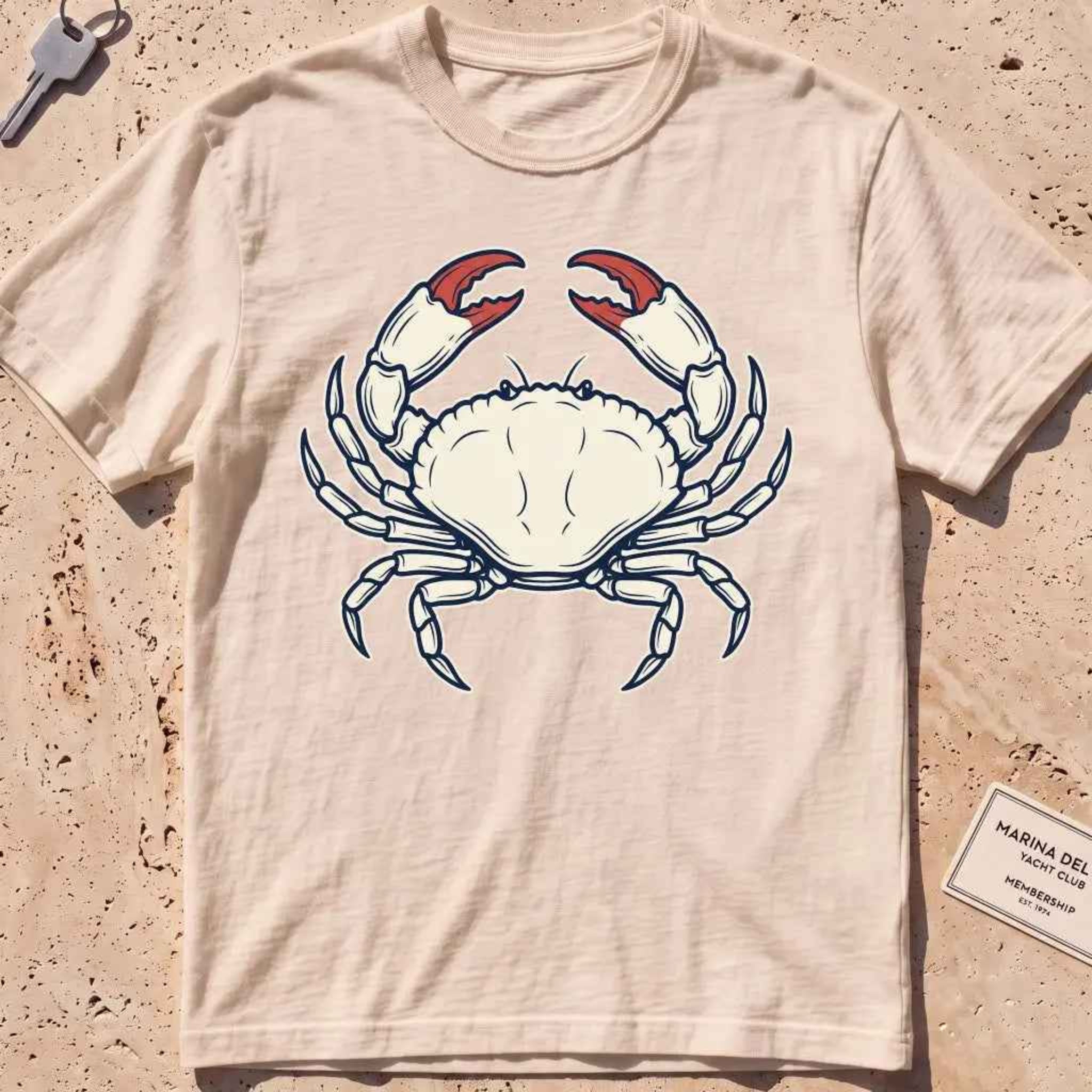 ivory heavyweight tee with a finely engraved crab in vintage coastal-wildlife line style.