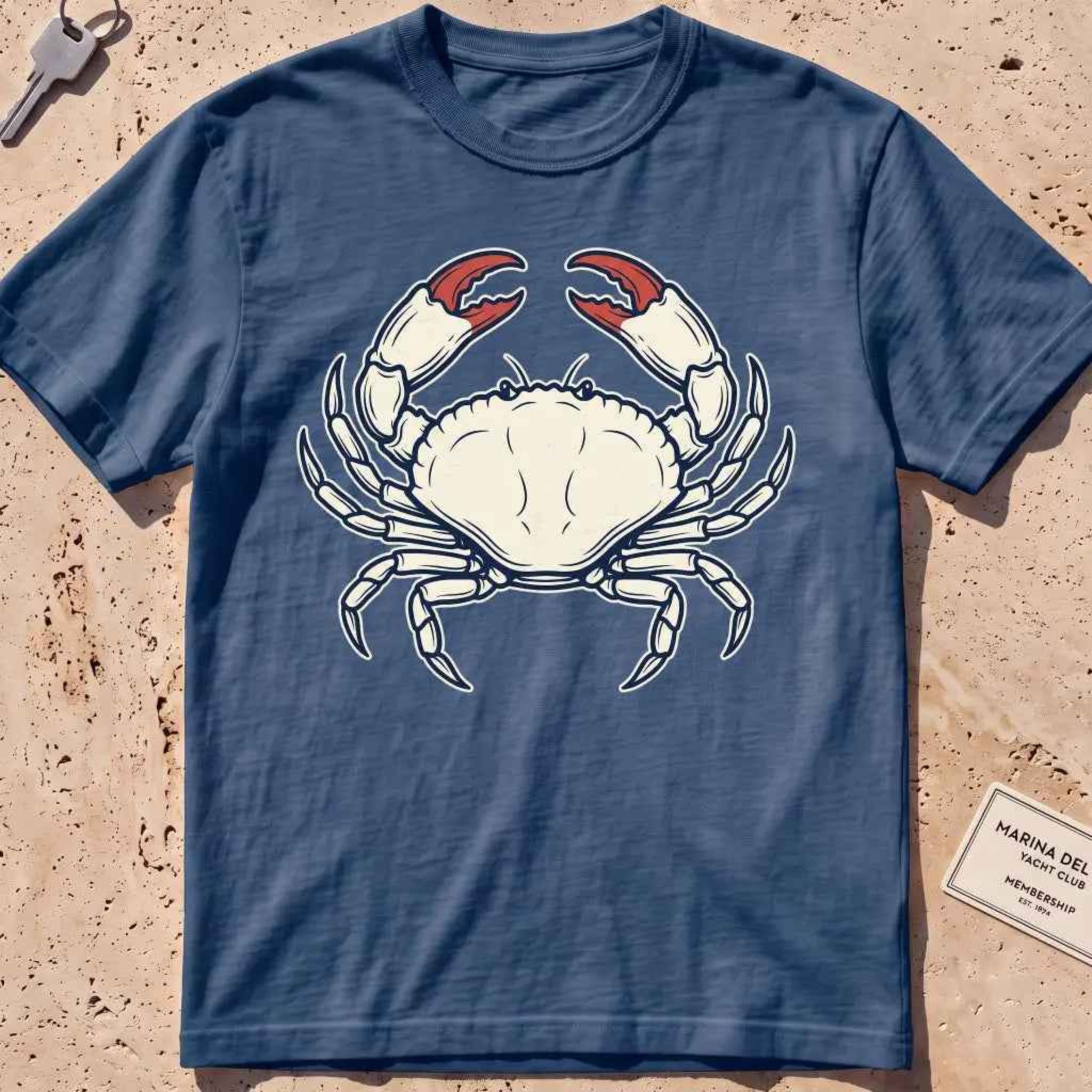 midnight heavyweight tee with a finely engraved crab in vintage coastal-wildlife line style.