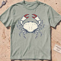 bay heavyweight tee with a finely engraved crab in vintage coastal-wildlife line style.
