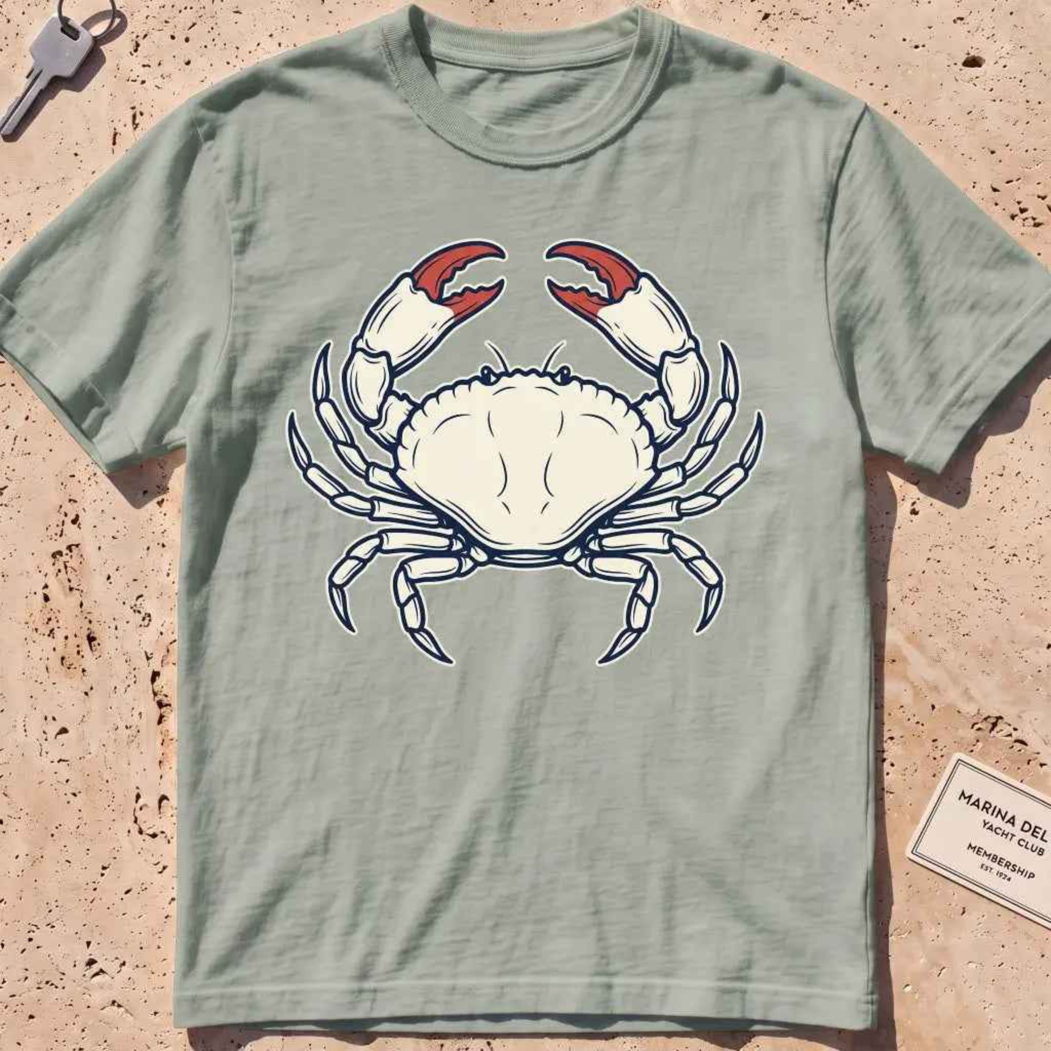 bay heavyweight tee with a finely engraved crab in vintage coastal-wildlife line style.