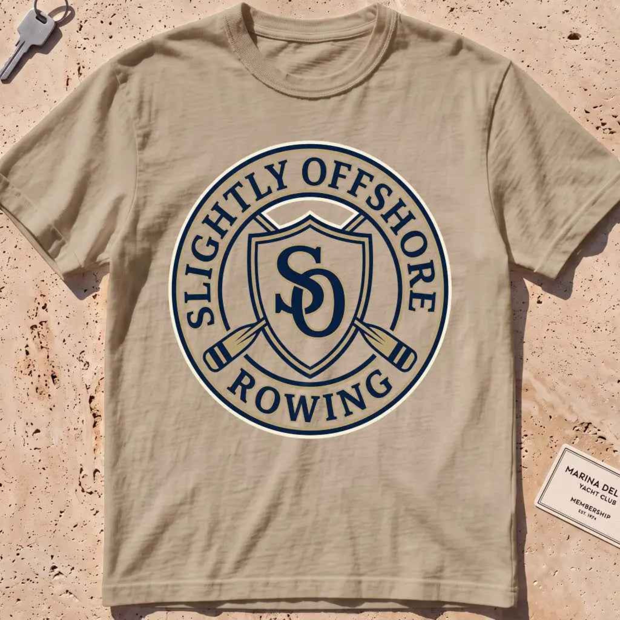 khaki heavyweight tee with an SO shield and crossed oars crest graphic.