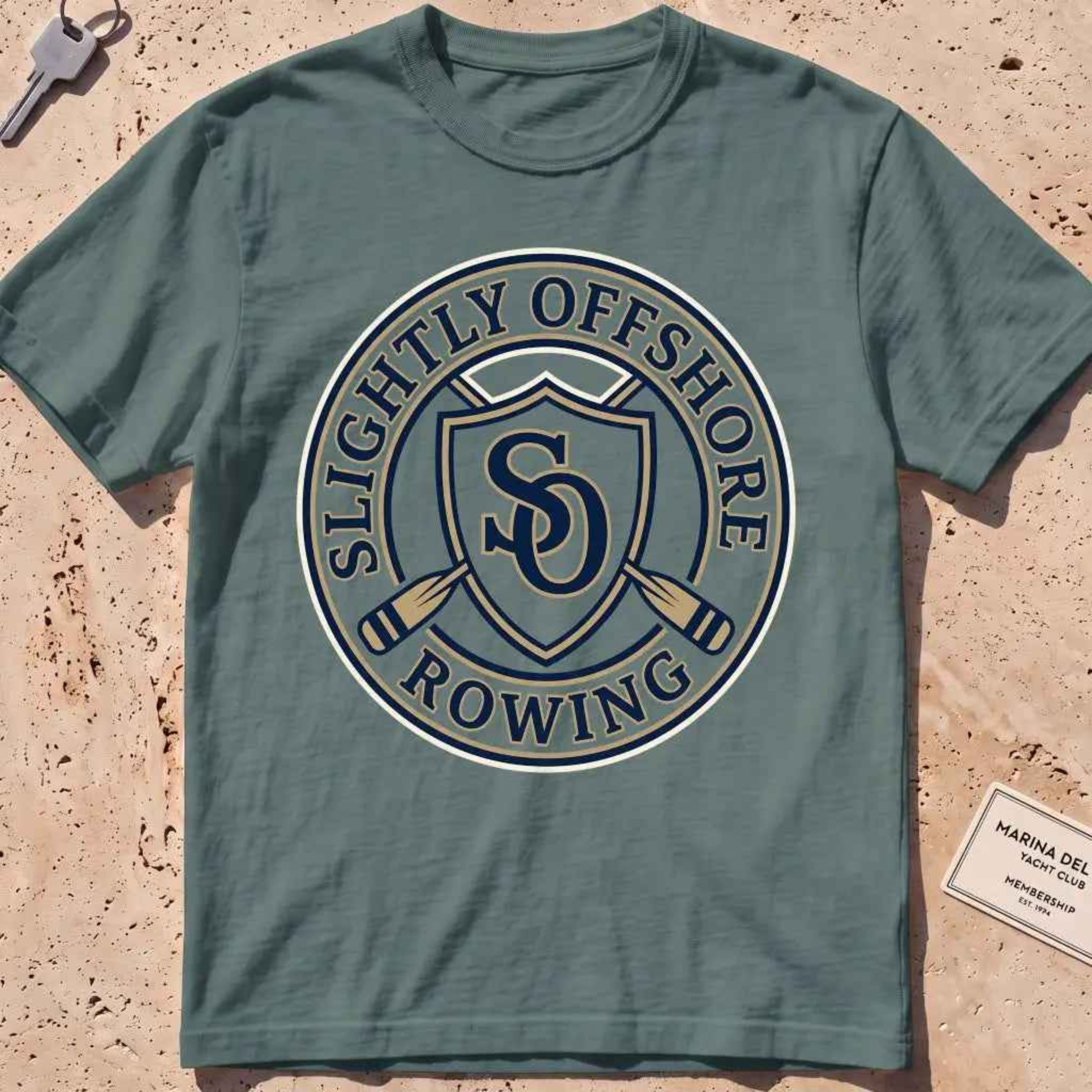 blue spruce heavyweight tee with an SO shield and crossed oars crest graphic.