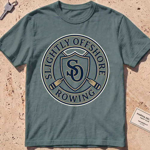 blue spruce heavyweight tee with an SO shield and crossed oars crest graphic.