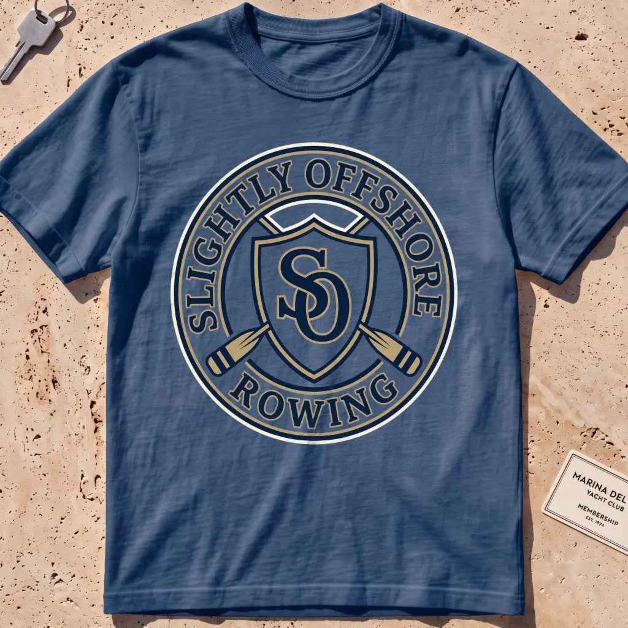 midnight heavyweight tee with an SO shield and crossed oars crest graphic.