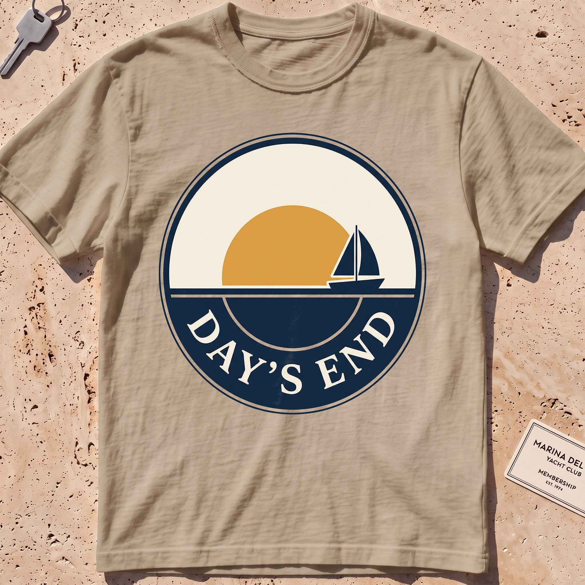 khaki heavyweight tee with a bold "Day's End" sunset badge graphic.