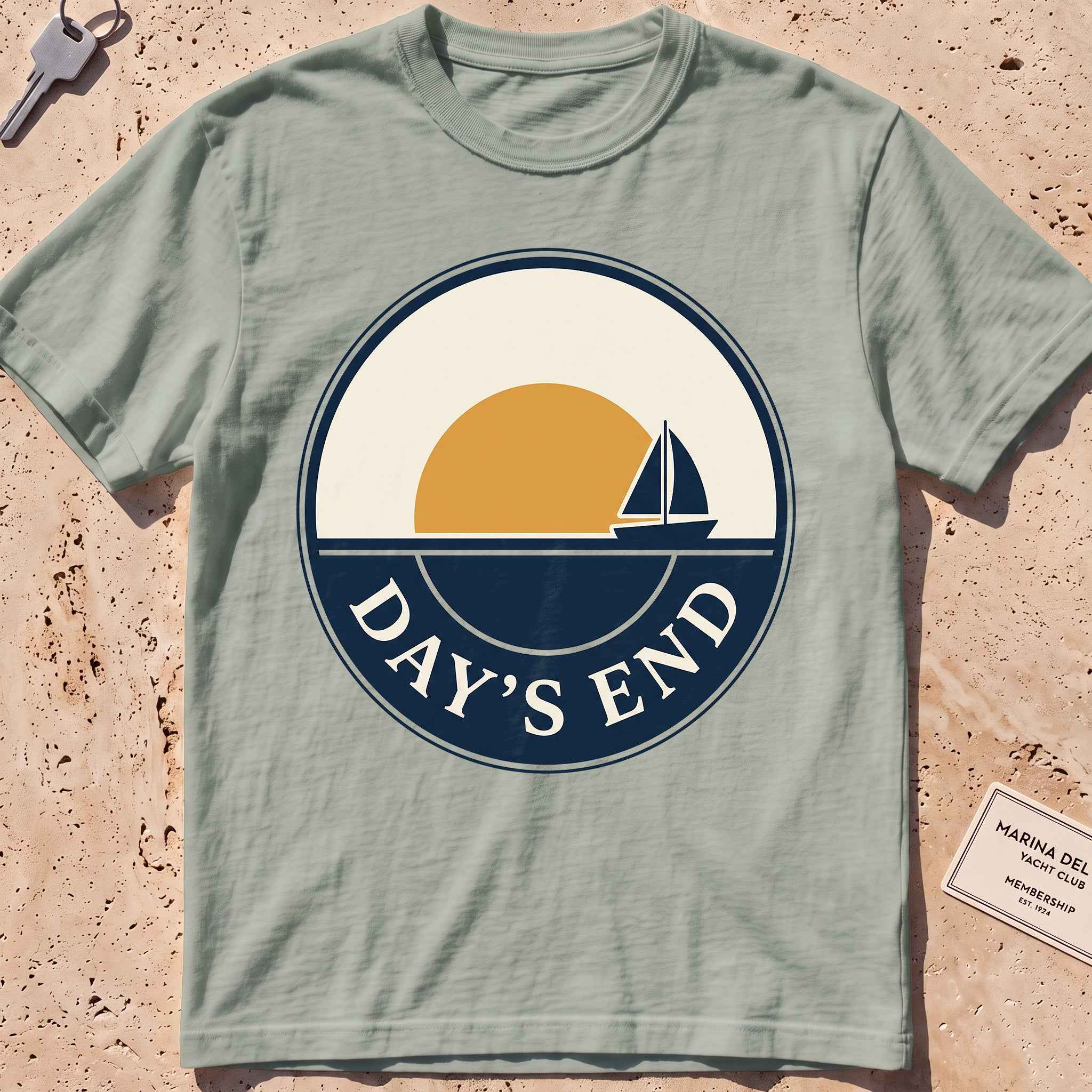 bay heavyweight tee with a bold "Day's End" sunset badge graphic.