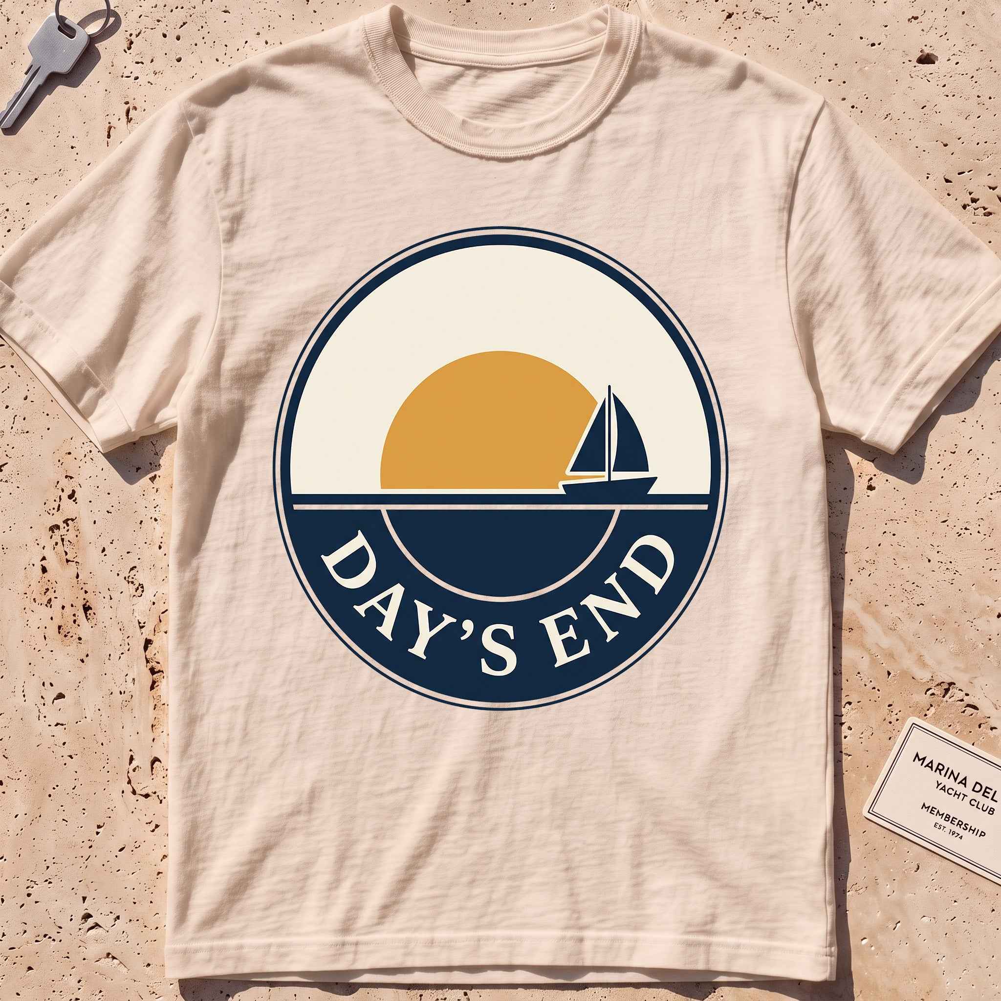 ivory heavyweight tee with a bold "Day's End" sunset badge graphic.