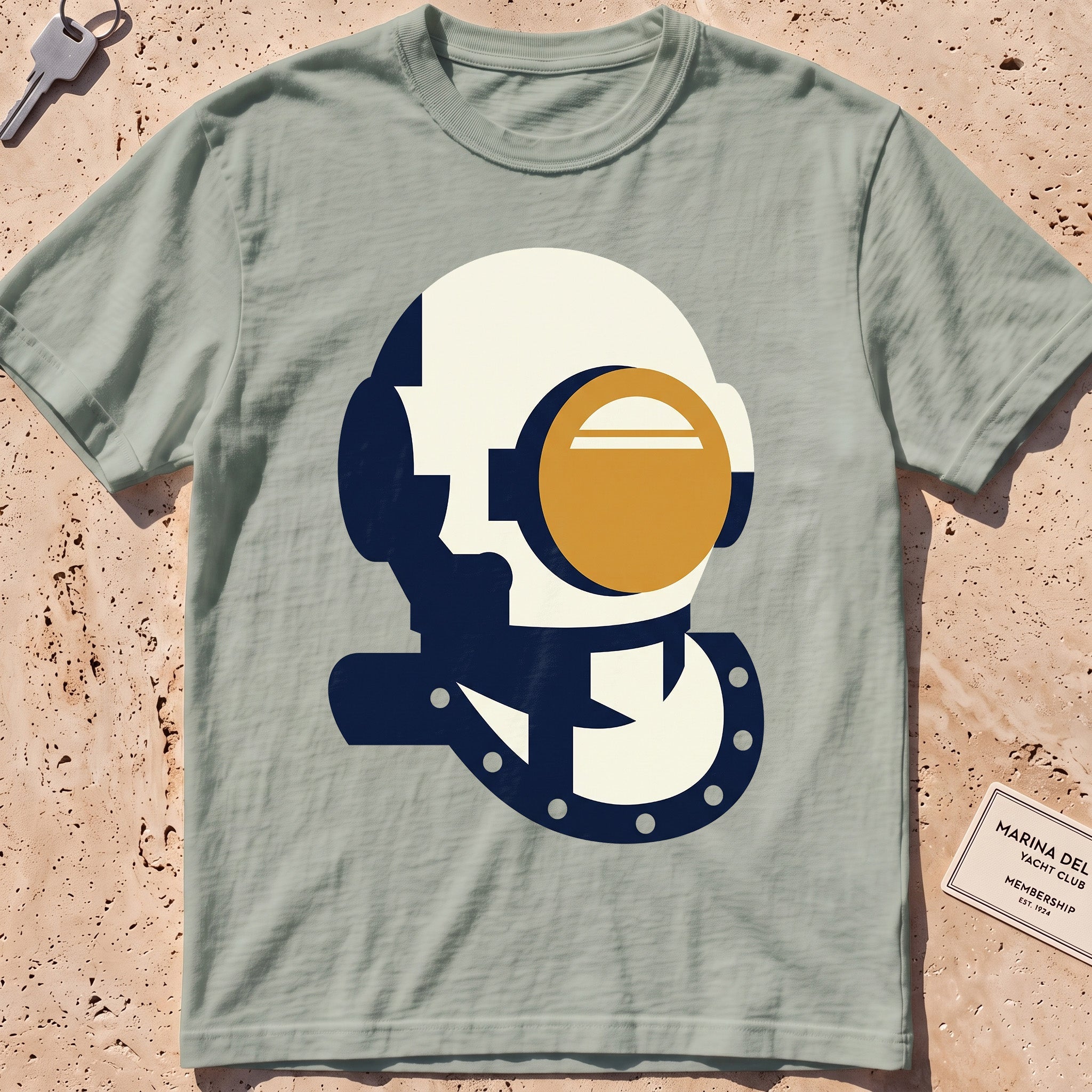 bay heavyweight tee with a flat-geometric vintage dive helmet graphic.