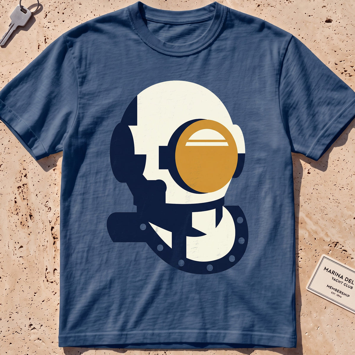 midnight heavyweight tee with a flat-geometric vintage dive helmet graphic.