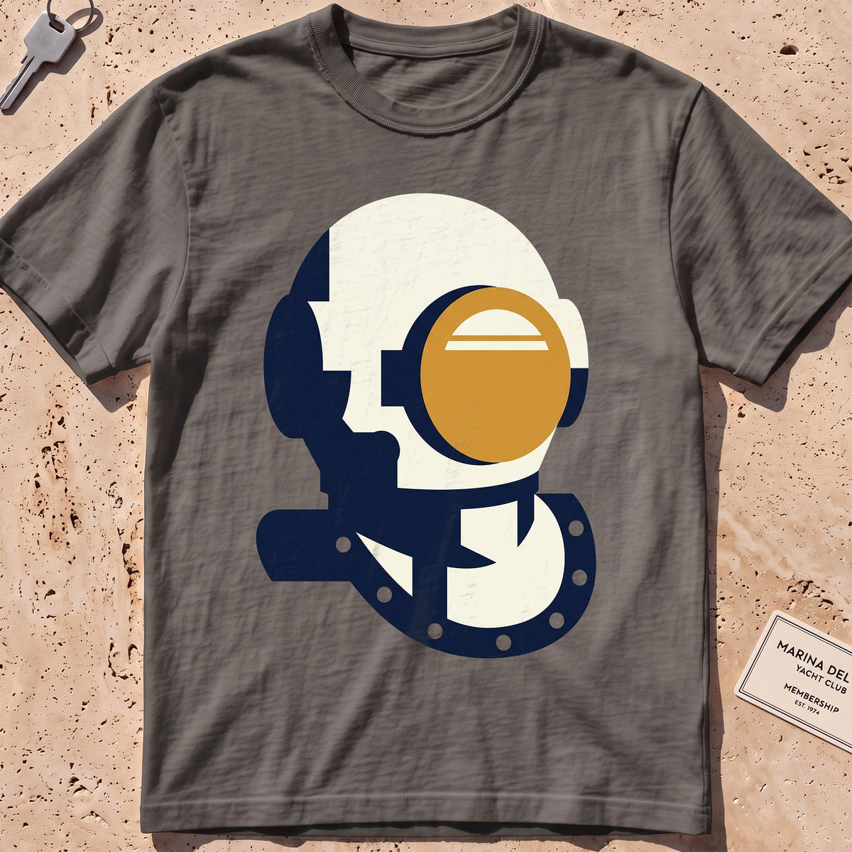 pepper heavyweight tee with a flat-geometric vintage dive helmet graphic.