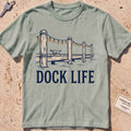 bay heavyweight tee with dock pilings and string lights "Dock Life" graphic.