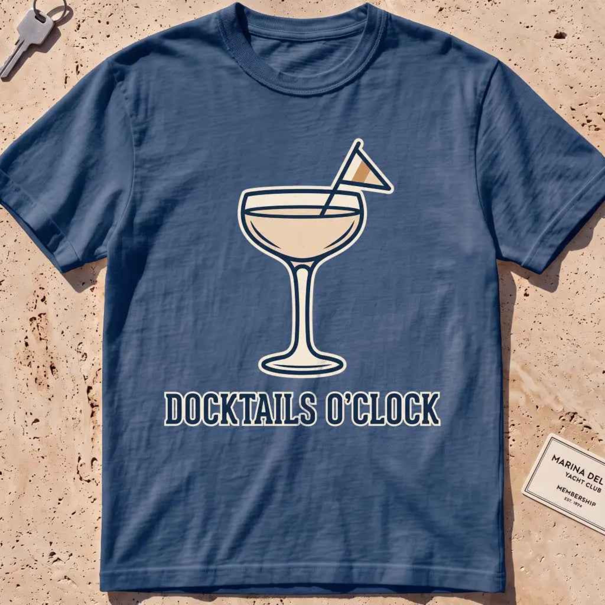 midnight heavyweight tee with a cocktail coupe, burgee and "Docktails O'Clock" text.