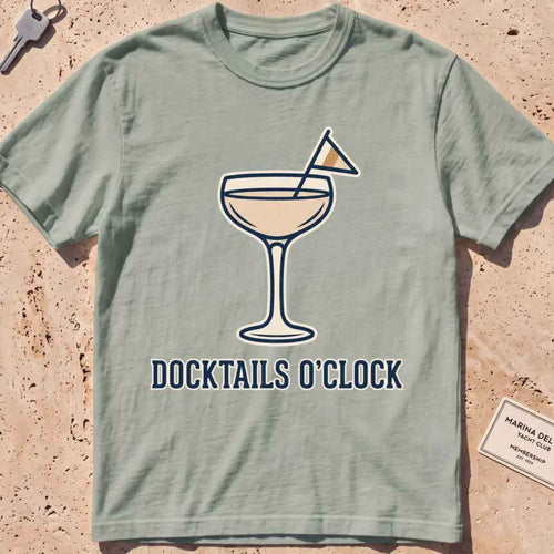 bay heavyweight tee with a cocktail coupe, burgee and "Docktails O'Clock" text.