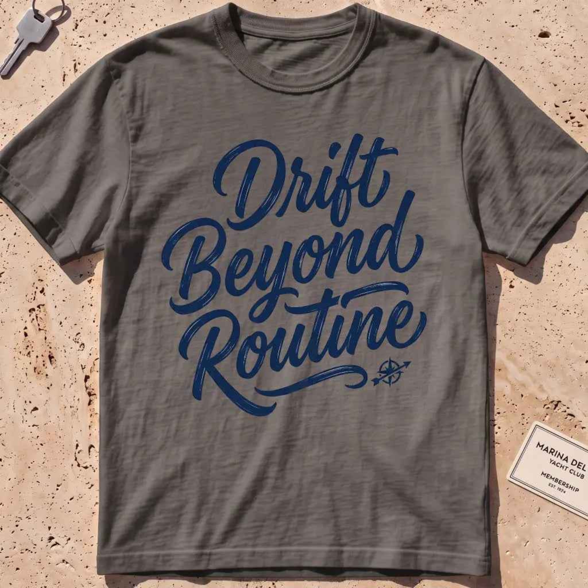 pepper heavyweight tee with brush-script "Drift Beyond Routine" typography.
