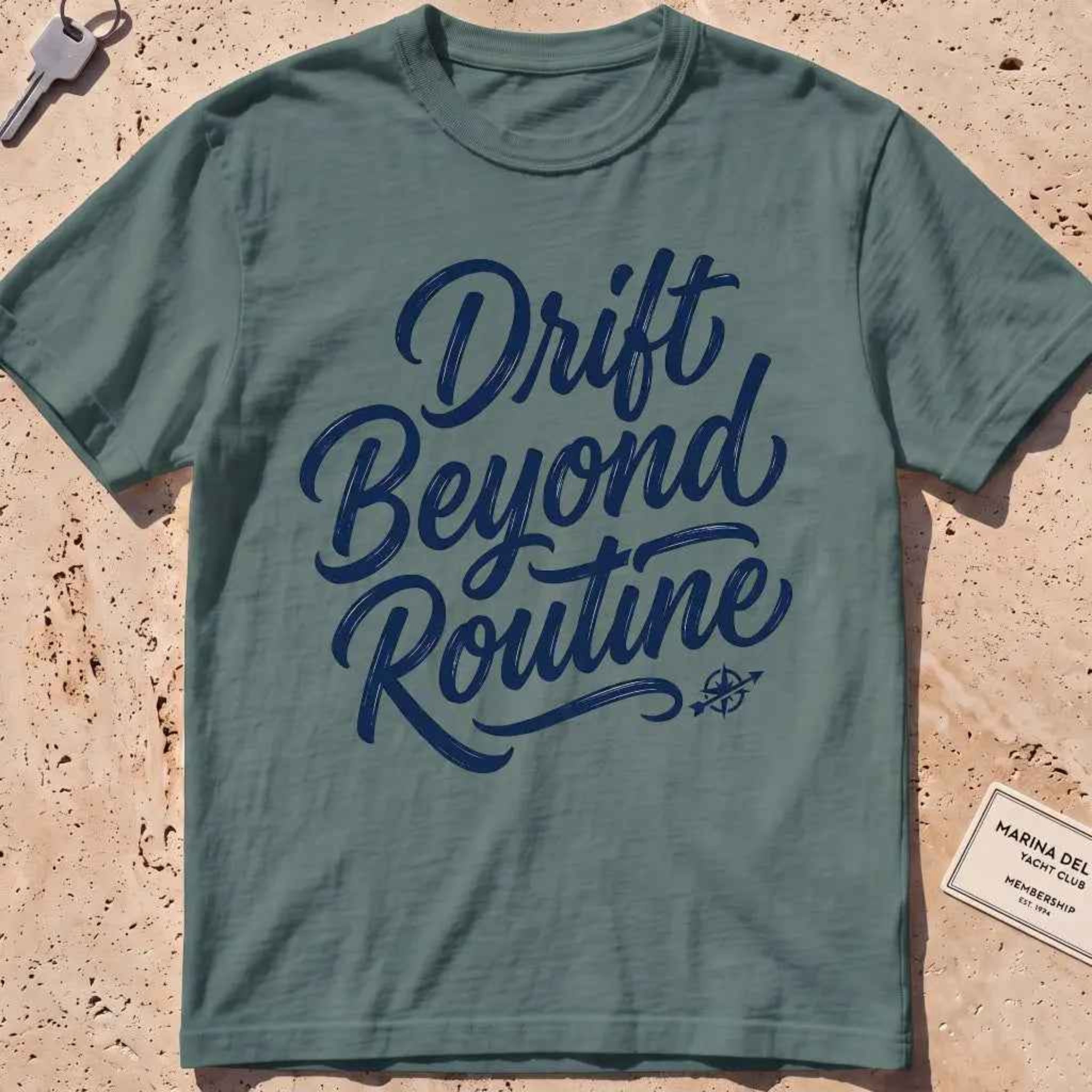 blue spruce heavyweight tee with brush-script "Drift Beyond Routine" typography.