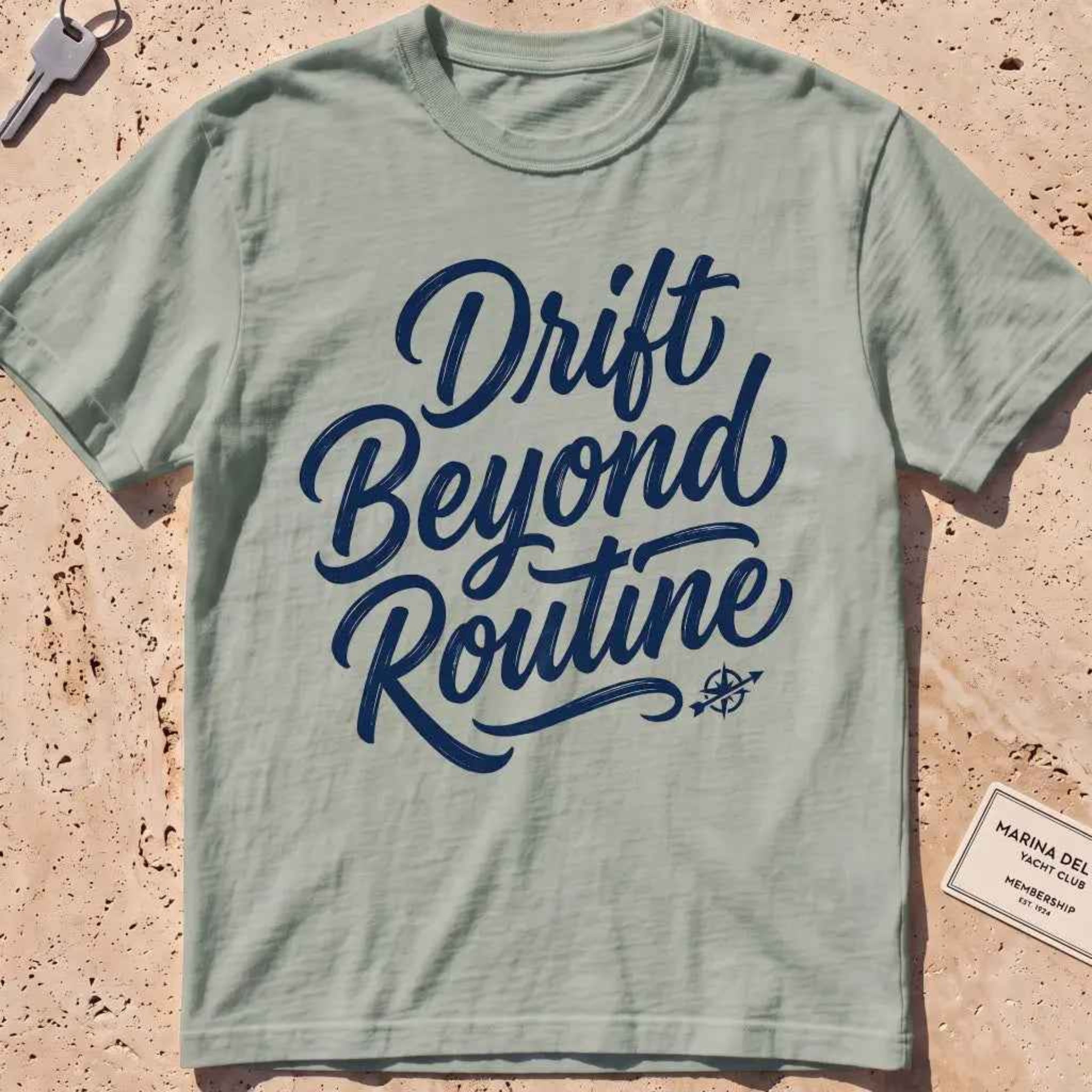bay heavyweight tee with brush-script "Drift Beyond Routine" typography.