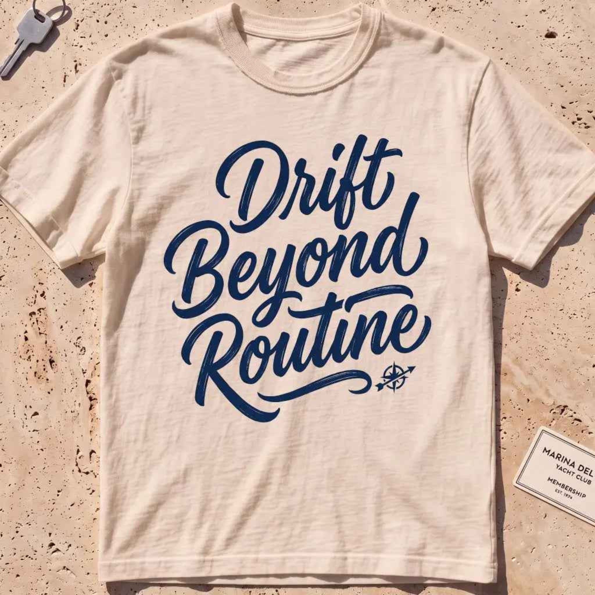 ivory heavyweight tee with brush-script "Drift Beyond Routine" typography.
