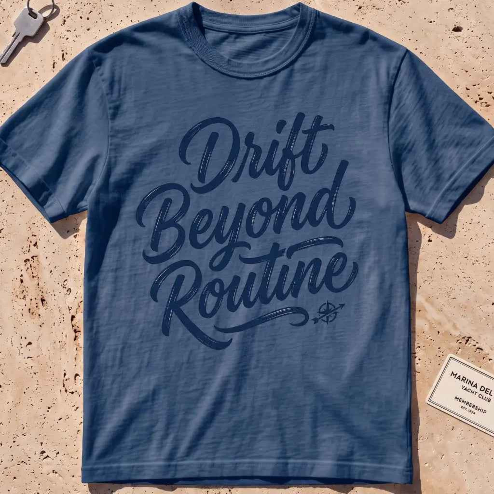 midnight heavyweight tee with brush-script "Drift Beyond Routine" typography.