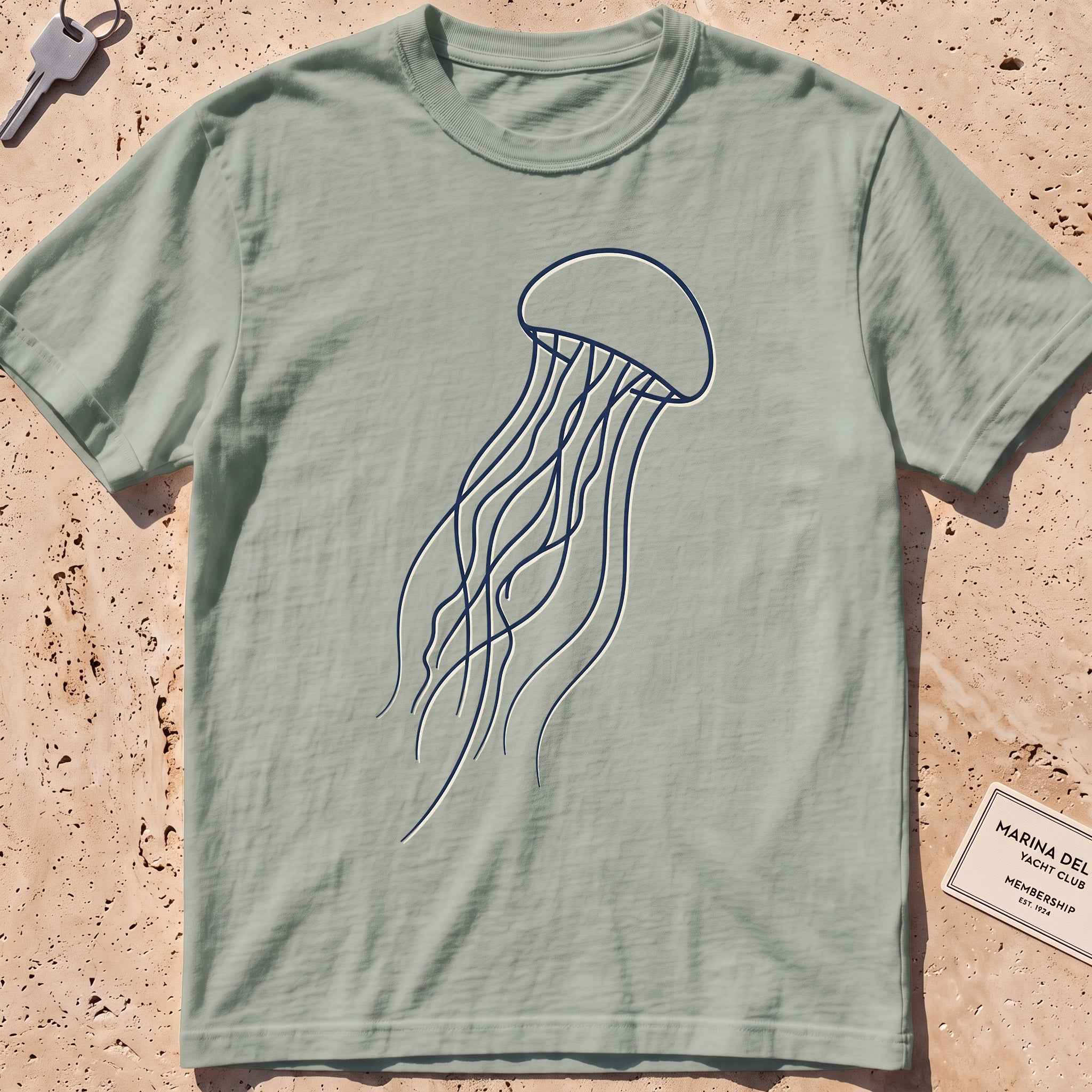 bay heavyweight tee with a single-line drifting jellyfish graphic.