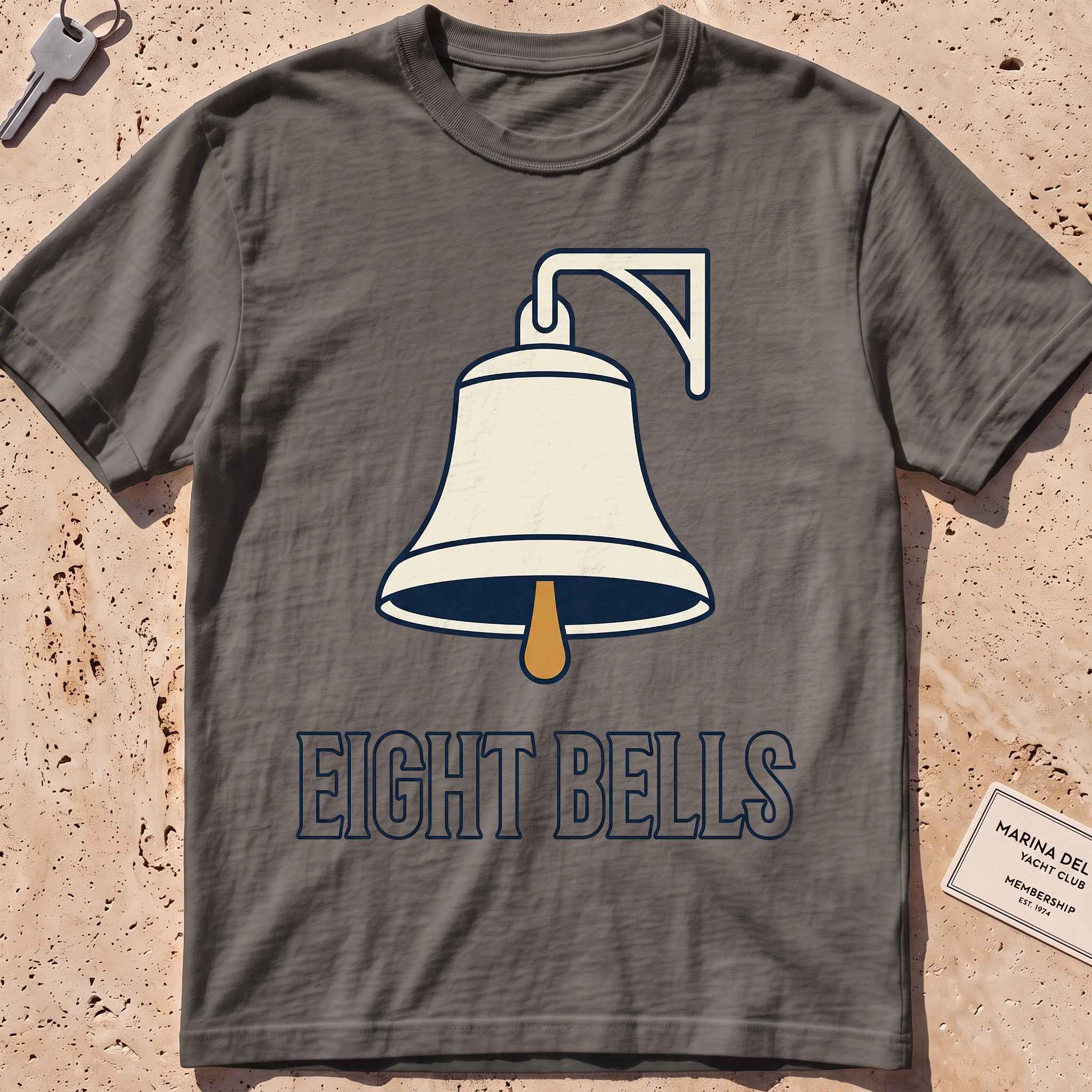 pepper heavyweight tee with a bold ship's-bell "Eight Bells" graphic.
