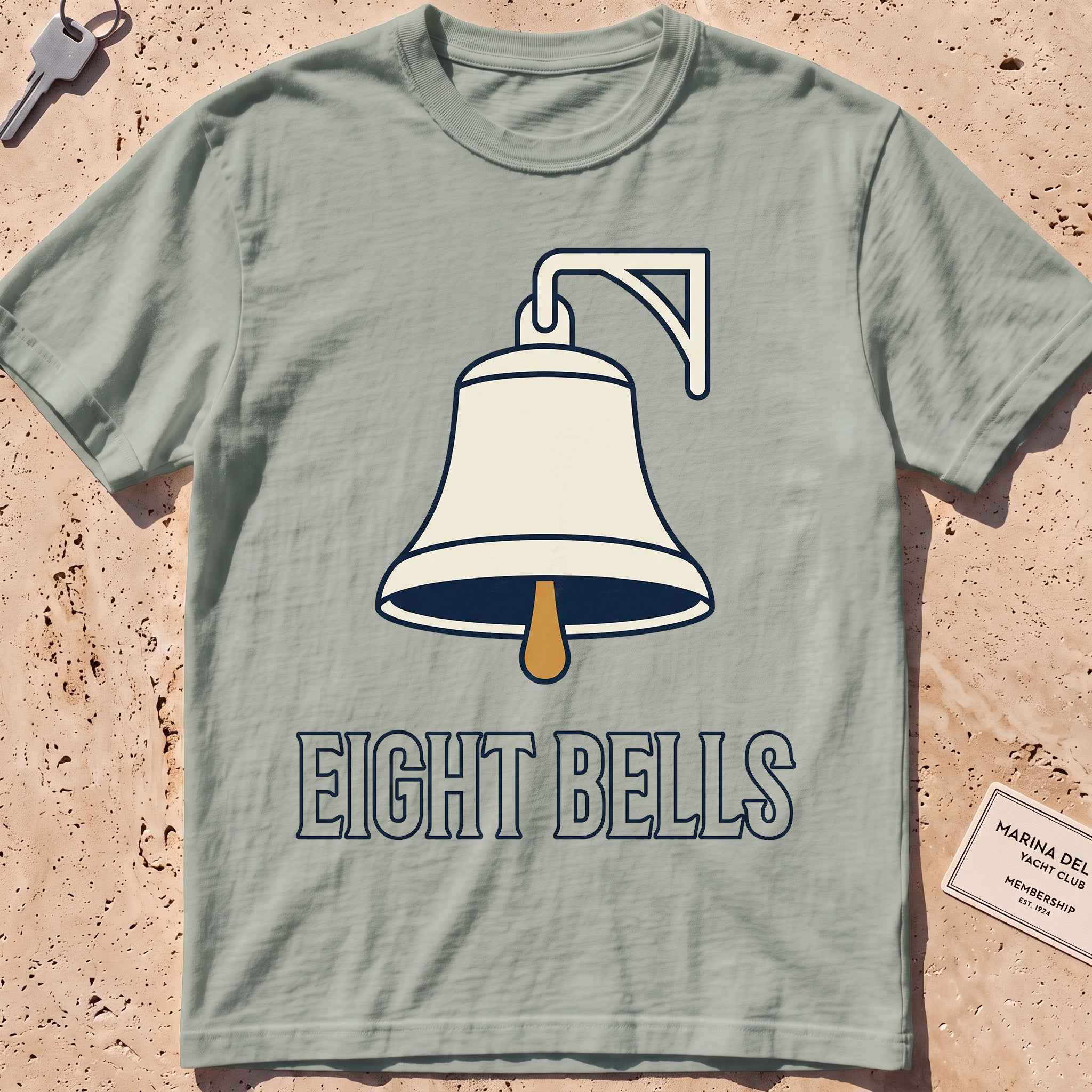 bay heavyweight tee with a bold ship's-bell "Eight Bells" graphic.