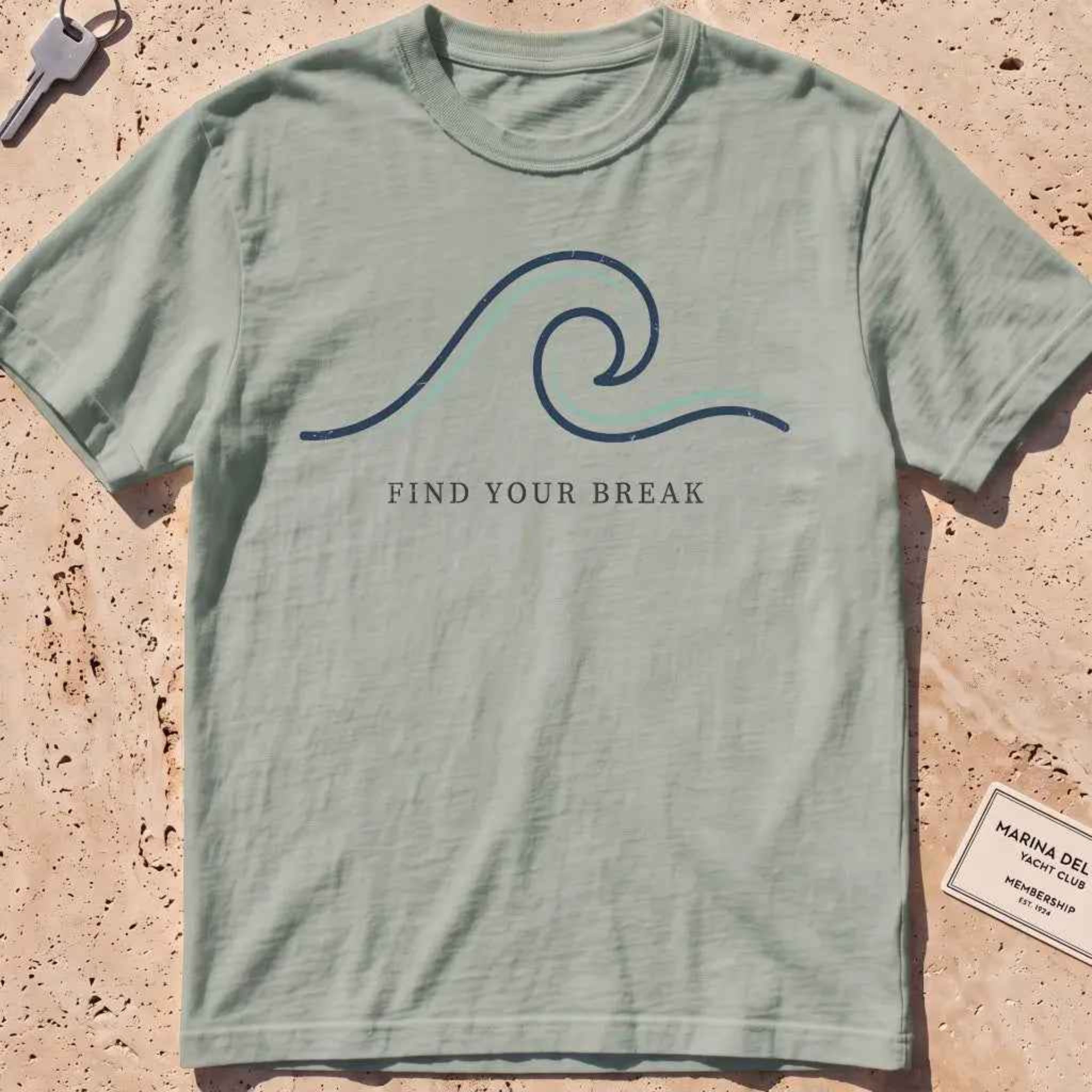 bay heavyweight tee with a single-line wave "Find Your Break" graphic.