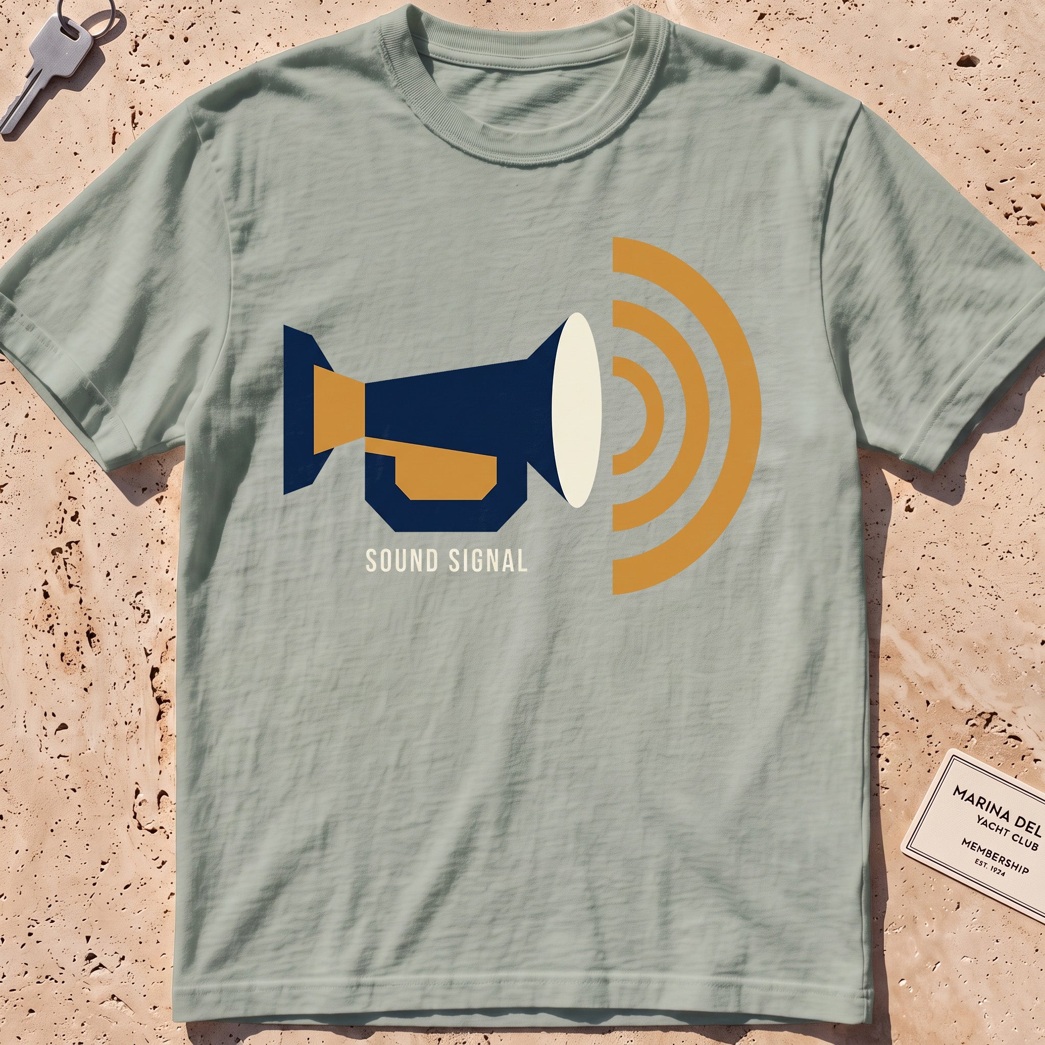 bay heavyweight tee with a flat-geometric foghorn "Sound Signal" graphic.