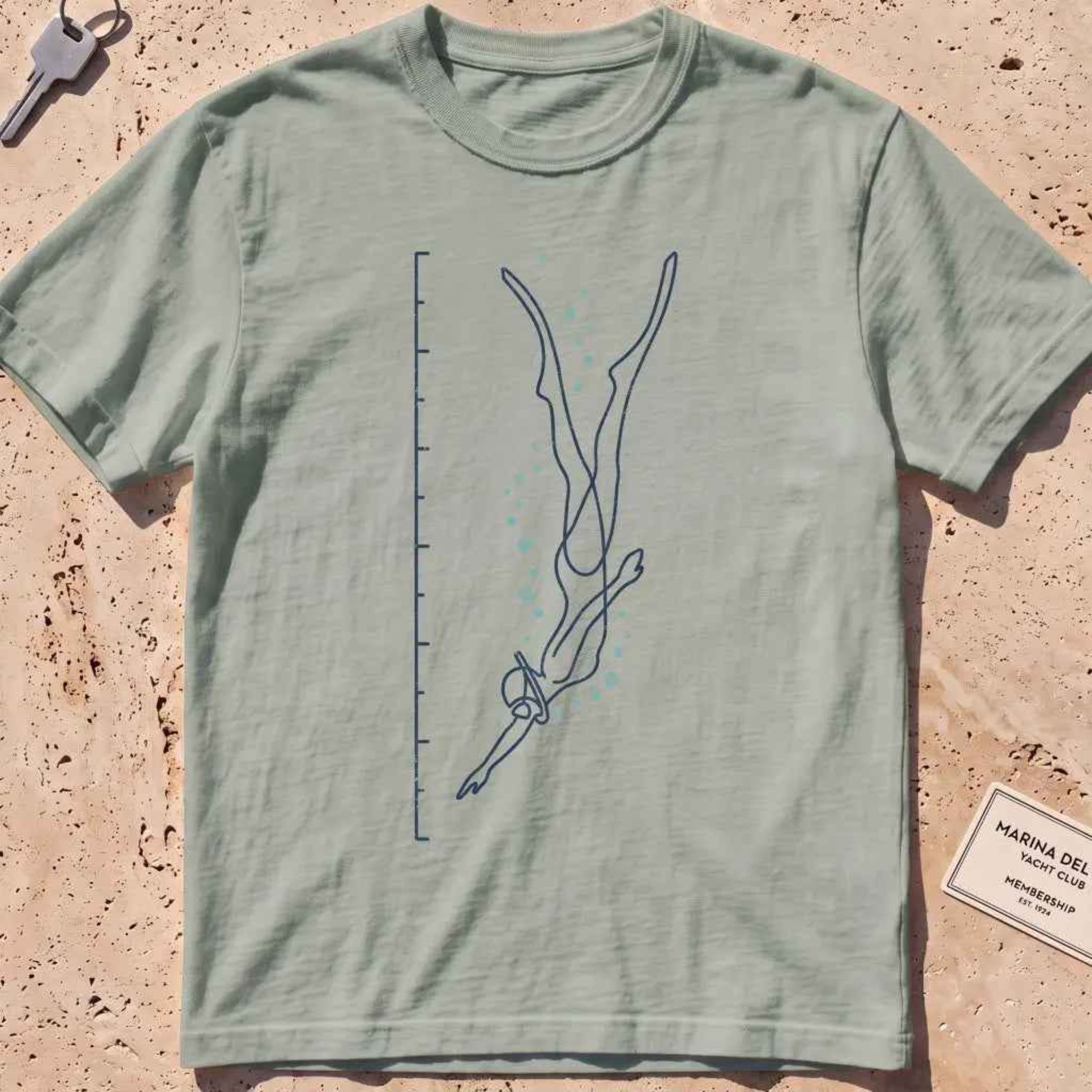 bay heavyweight tee with a single-line freediver and depth-scale graphic.