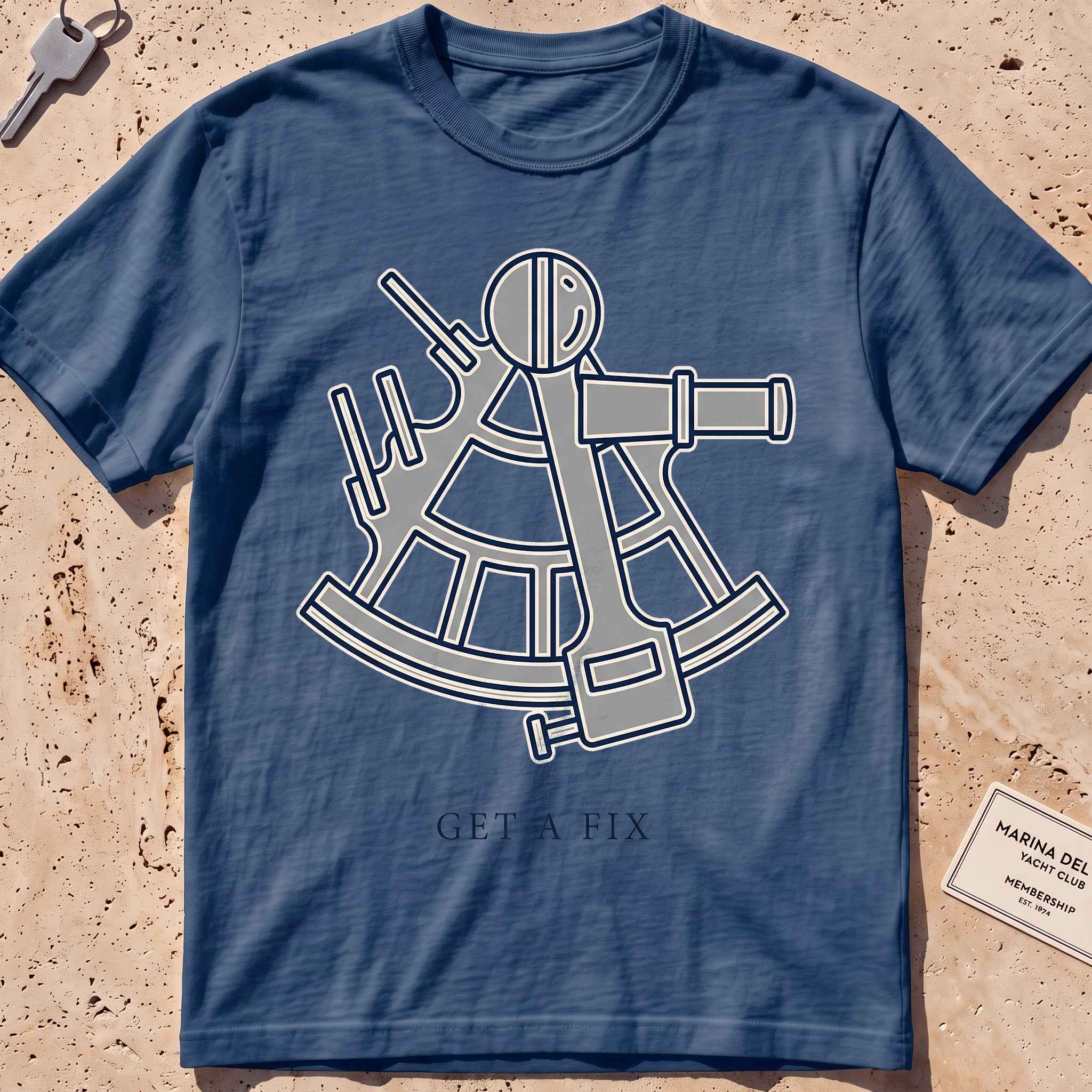 midnight heavyweight tee with a minimal sextant "Get a Fix" graphic.
