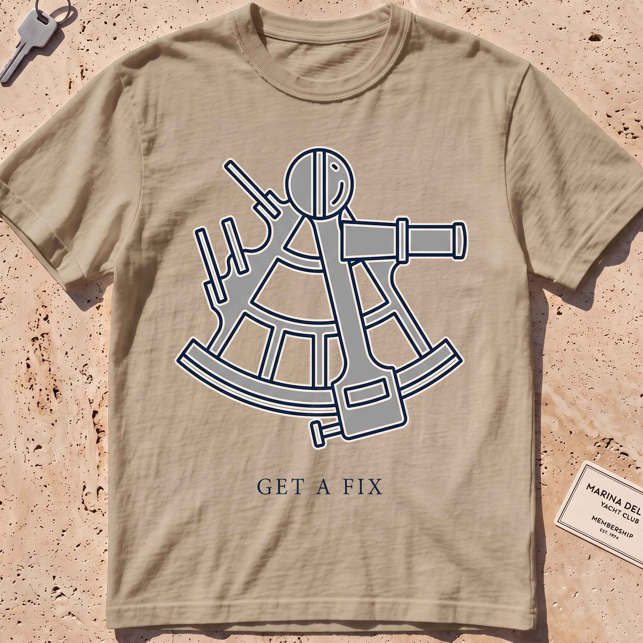 khaki heavyweight tee with a minimal sextant "Get a Fix" graphic.