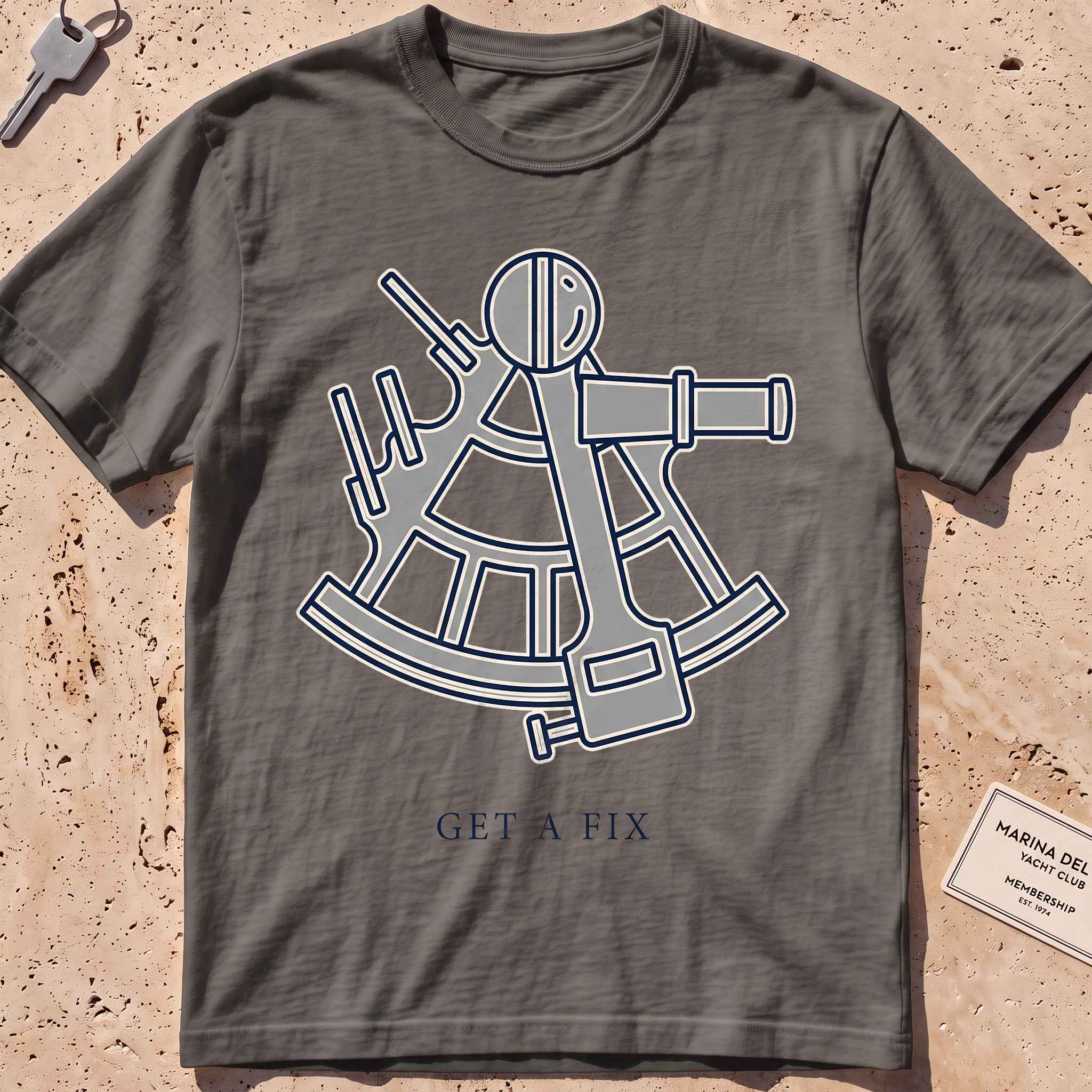 pepper heavyweight tee with a minimal sextant "Get a Fix" graphic.