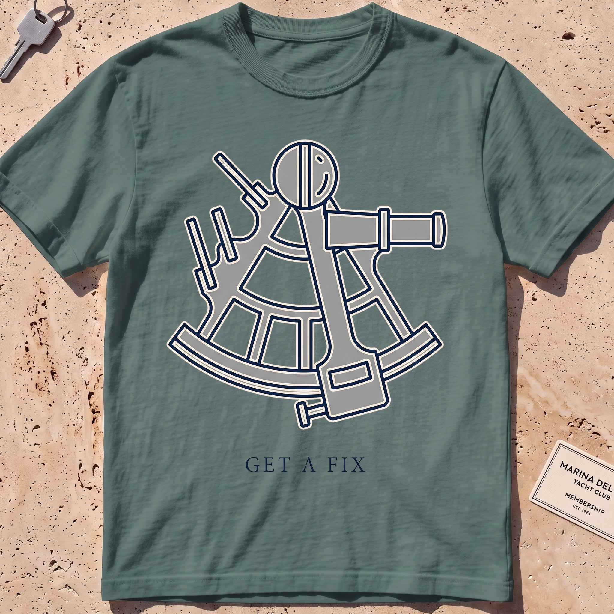 blue spruce heavyweight tee with a minimal sextant "Get a Fix" graphic.