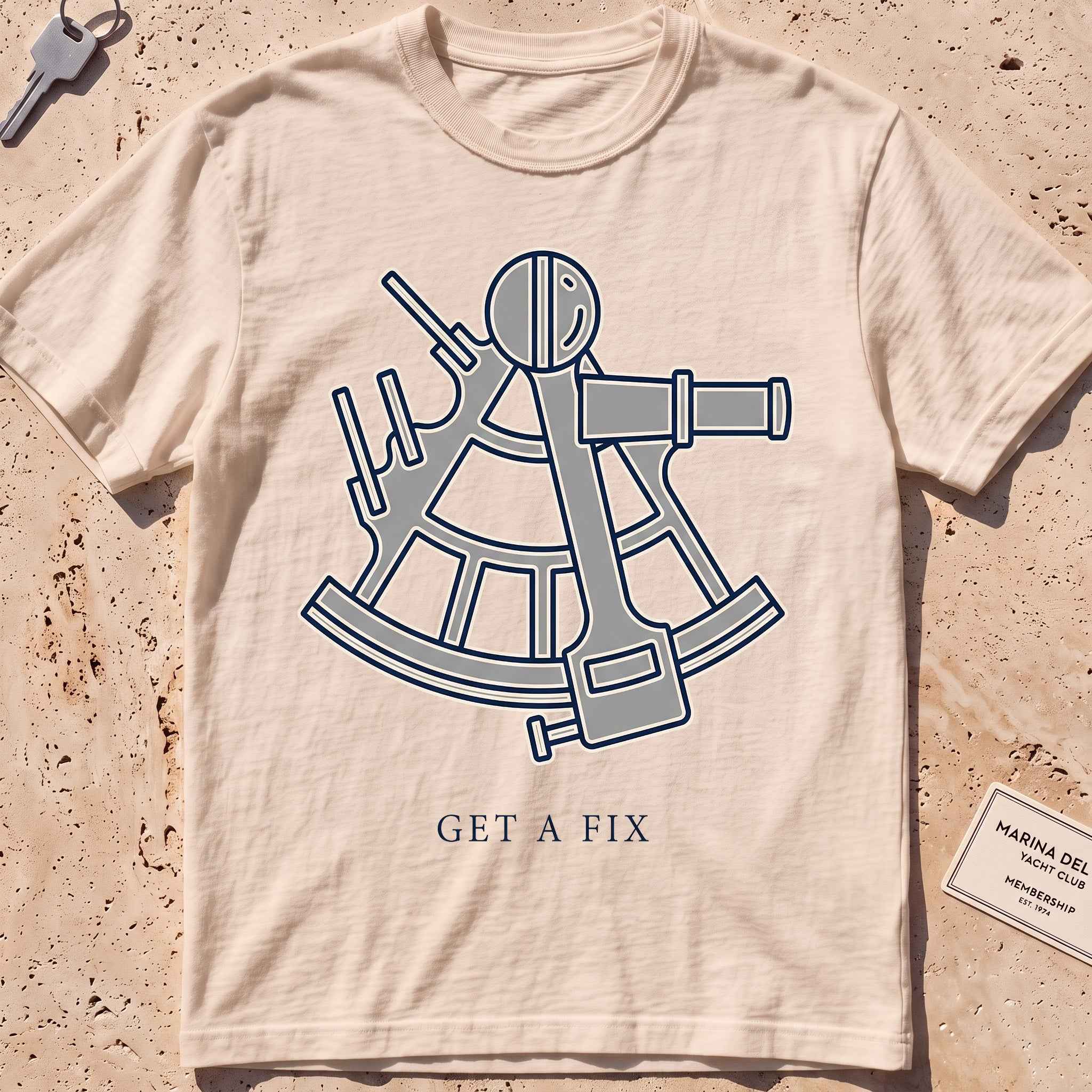 ivory heavyweight tee with a minimal sextant "Get a Fix" graphic.