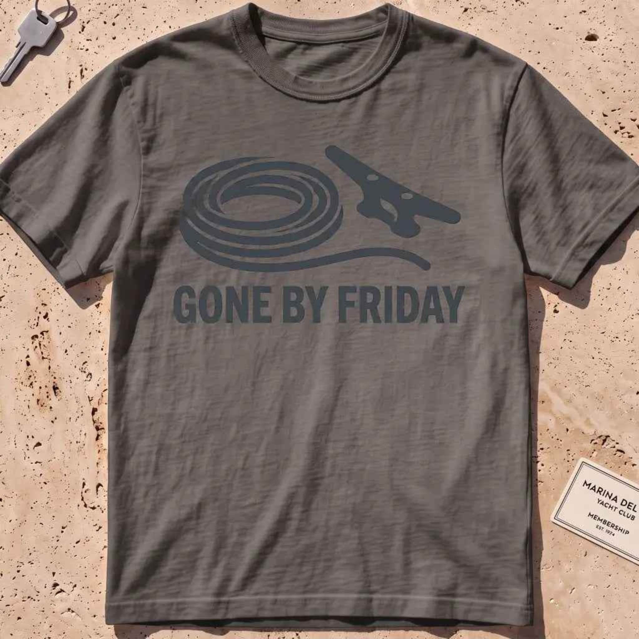 pepper heavyweight tee with a rope coil, cleat and "Gone by Friday" graphic.