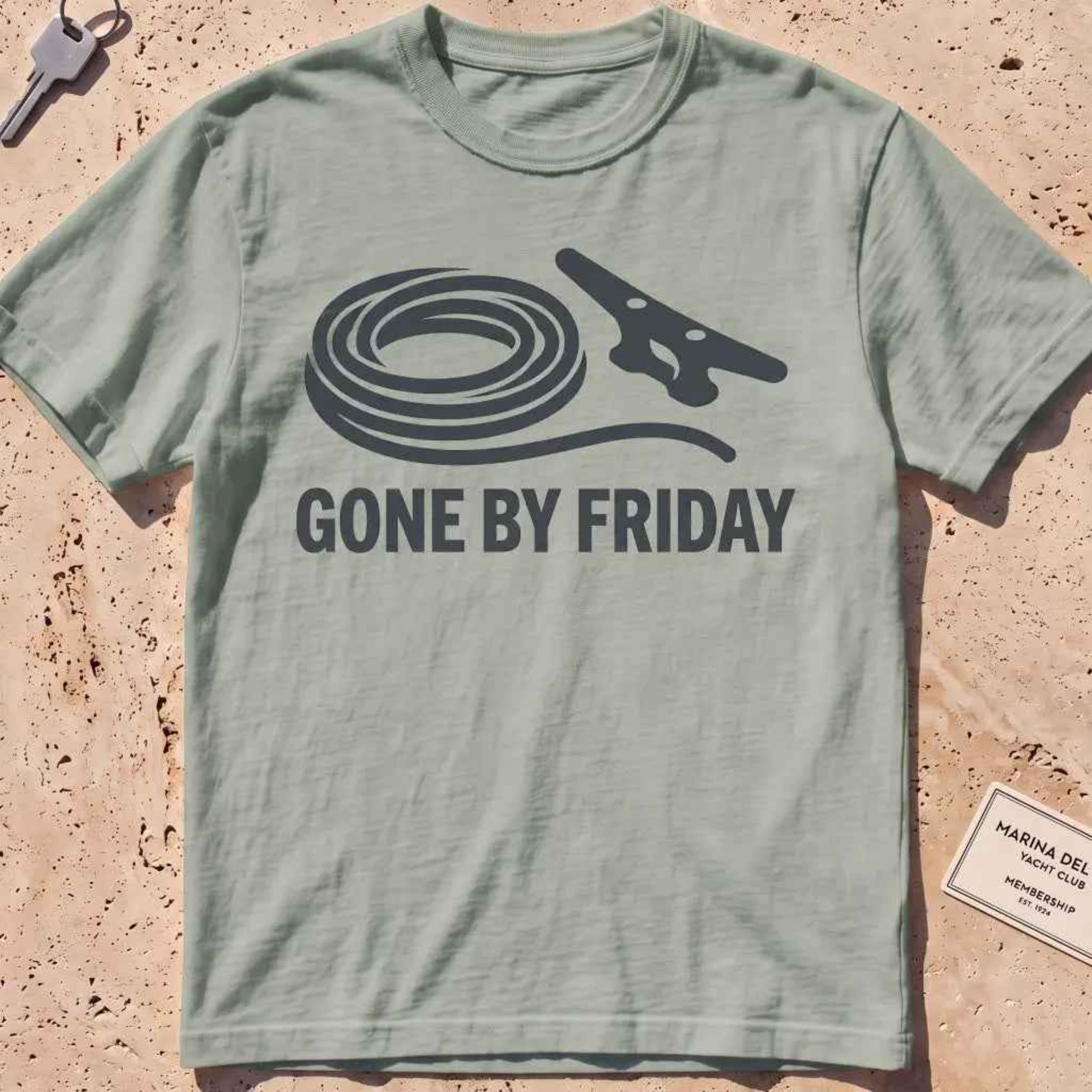 bay heavyweight tee with a rope coil, cleat and "Gone by Friday" graphic.