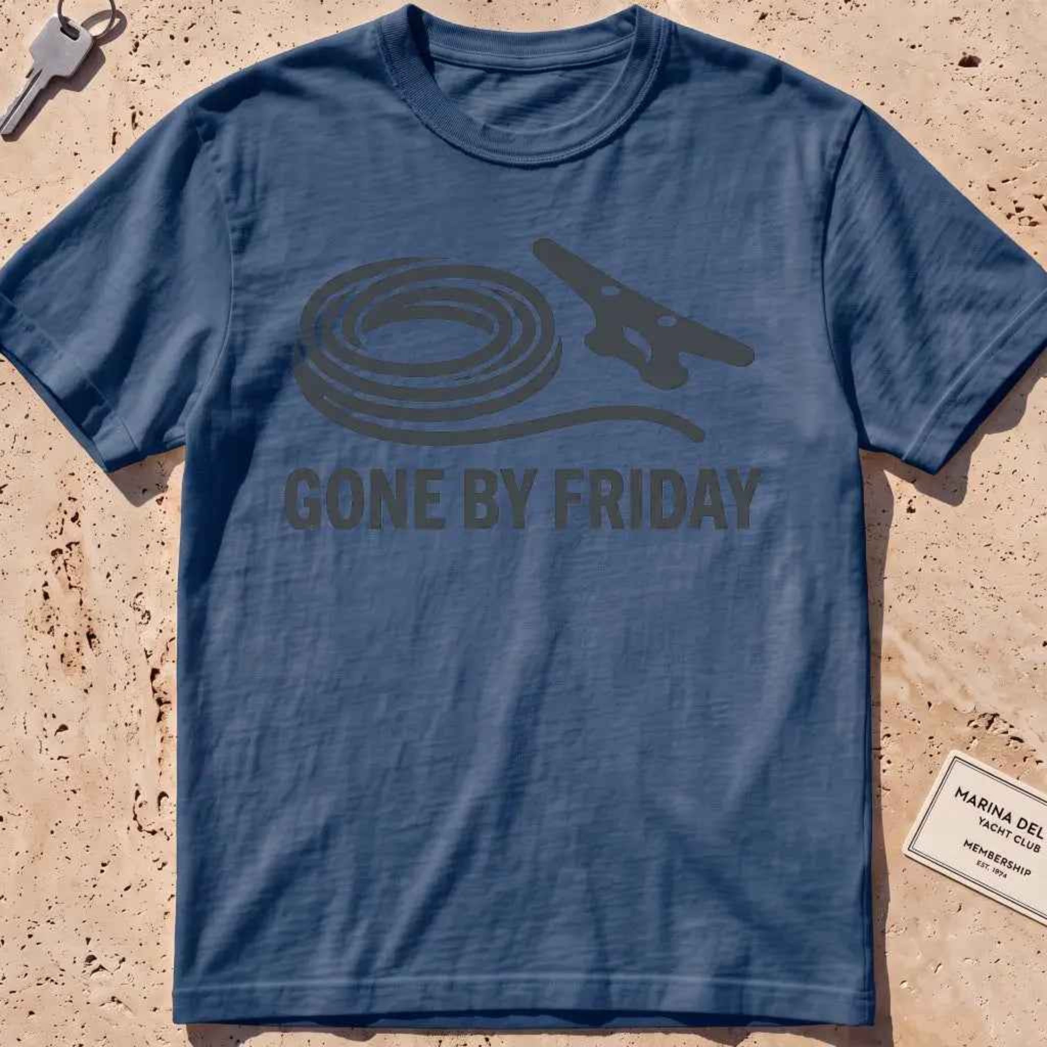 midnight heavyweight tee with a rope coil, cleat and "Gone by Friday" graphic.