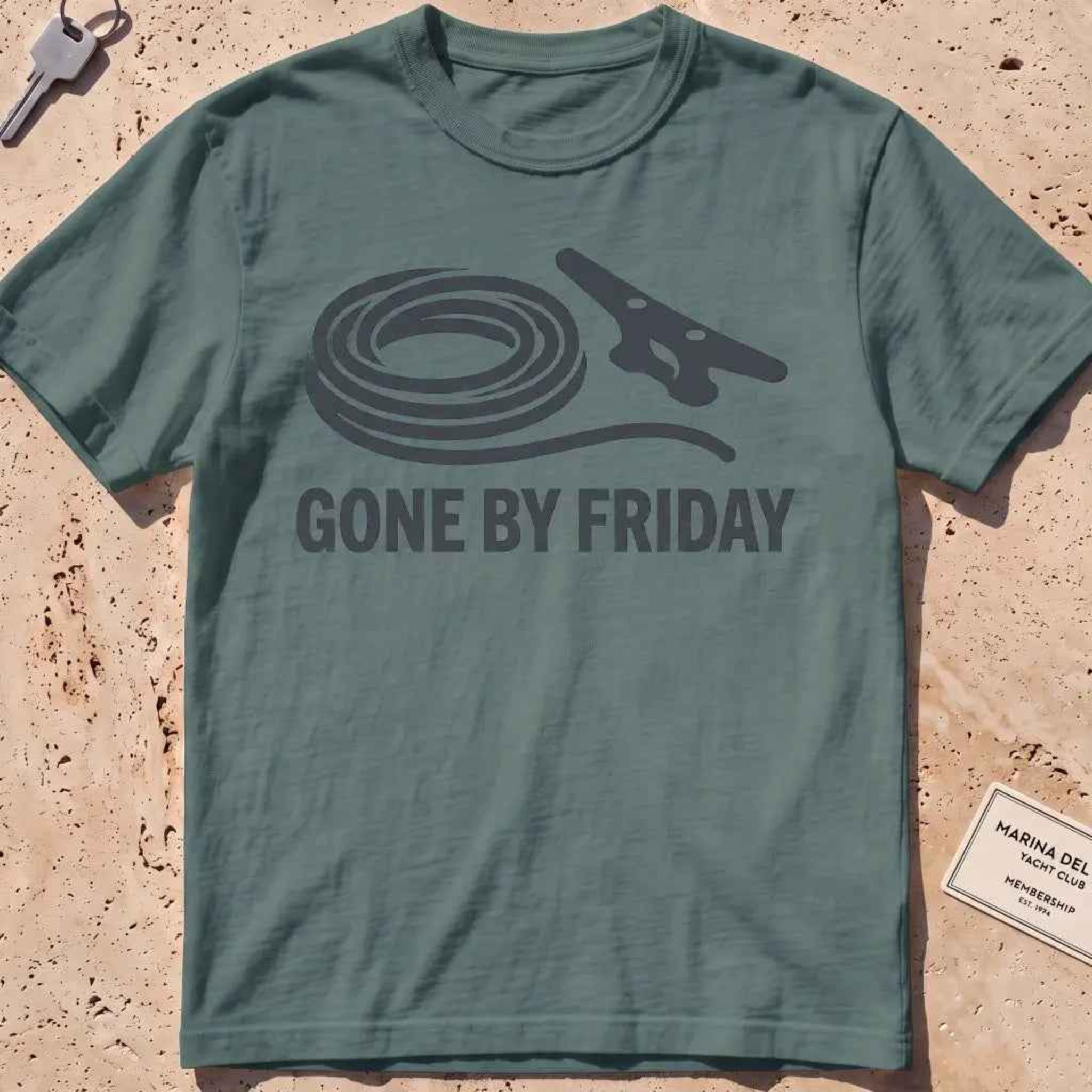 blue spruce heavyweight tee with a rope coil, cleat and "Gone by Friday" graphic.
