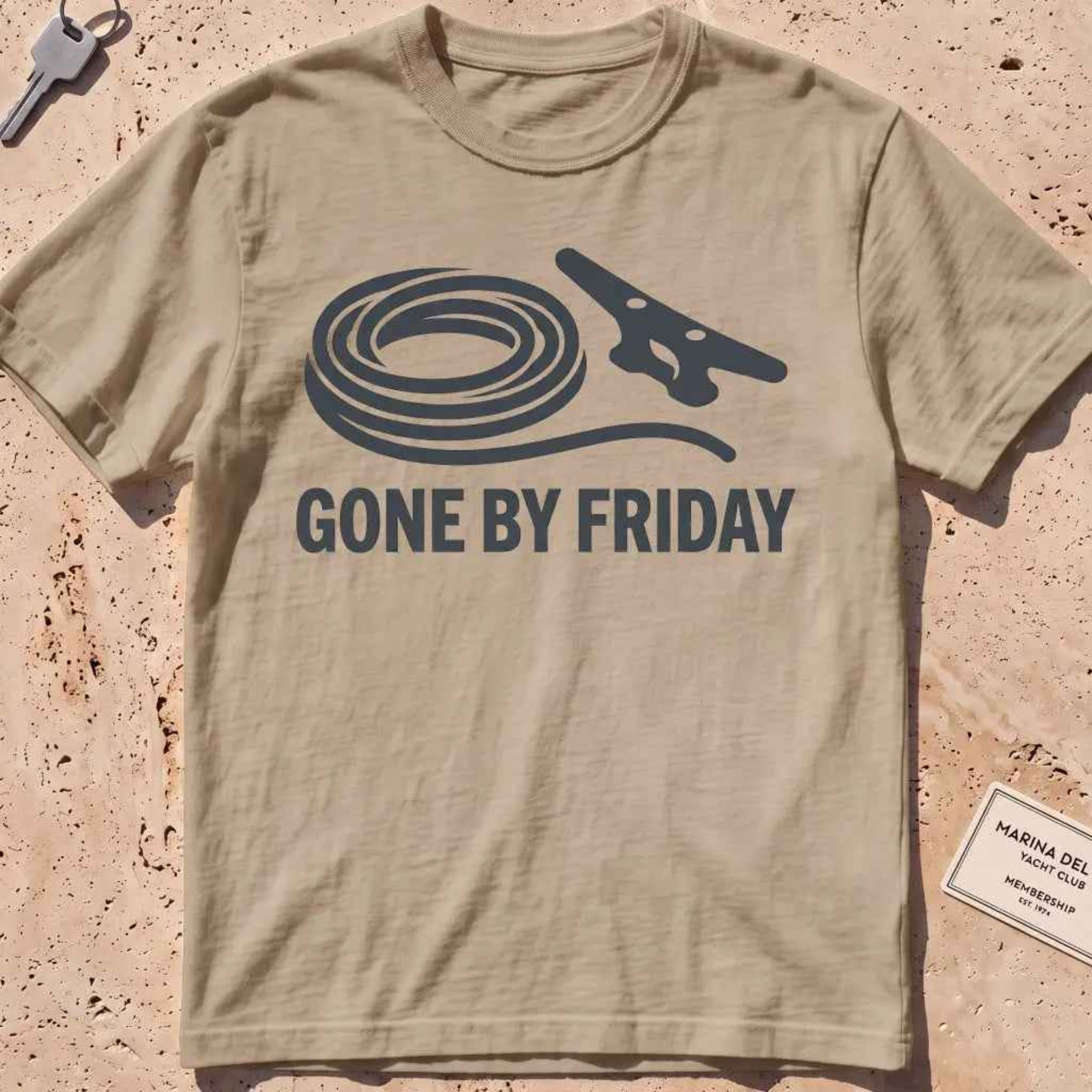 khaki heavyweight tee with a rope coil, cleat and "Gone by Friday" graphic.