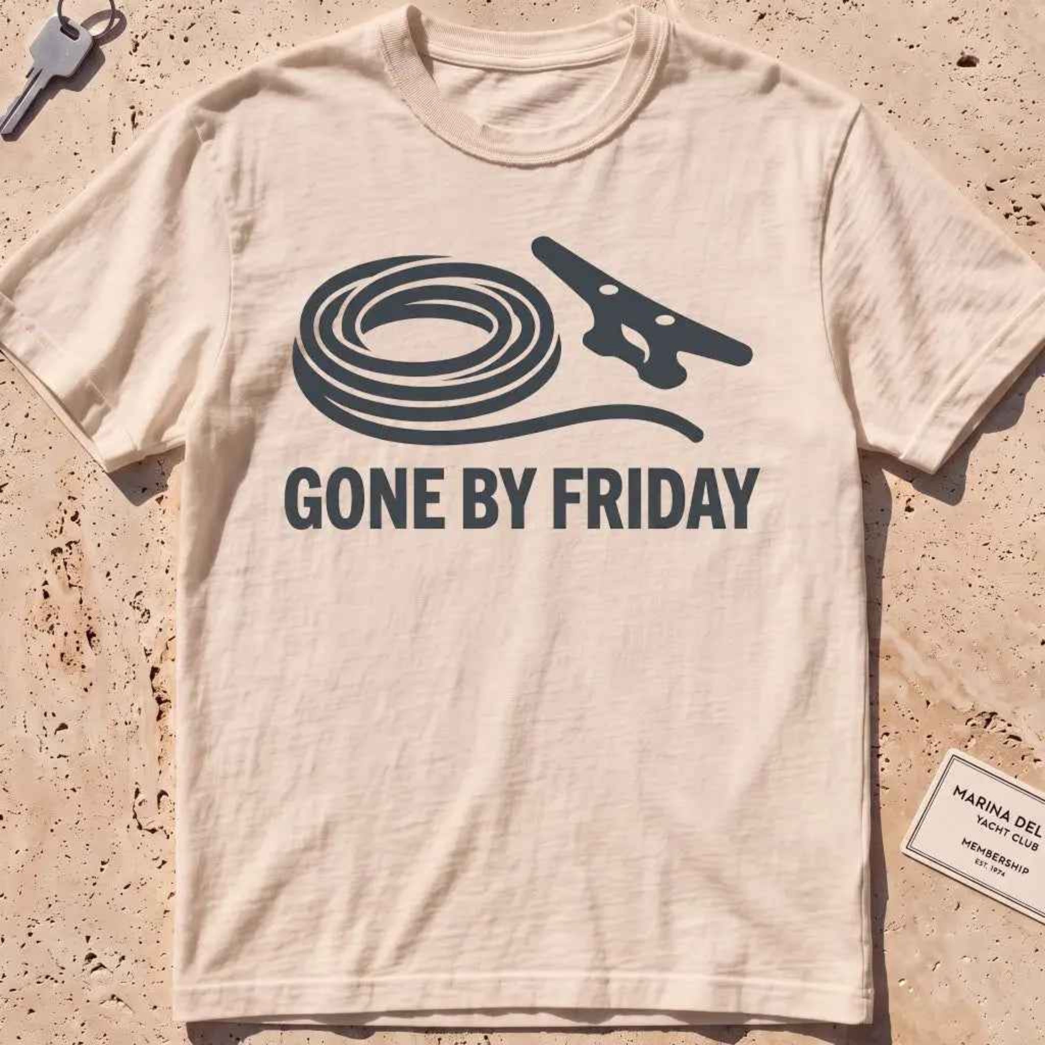 ivory heavyweight tee with a rope coil, cleat and "Gone by Friday" graphic.