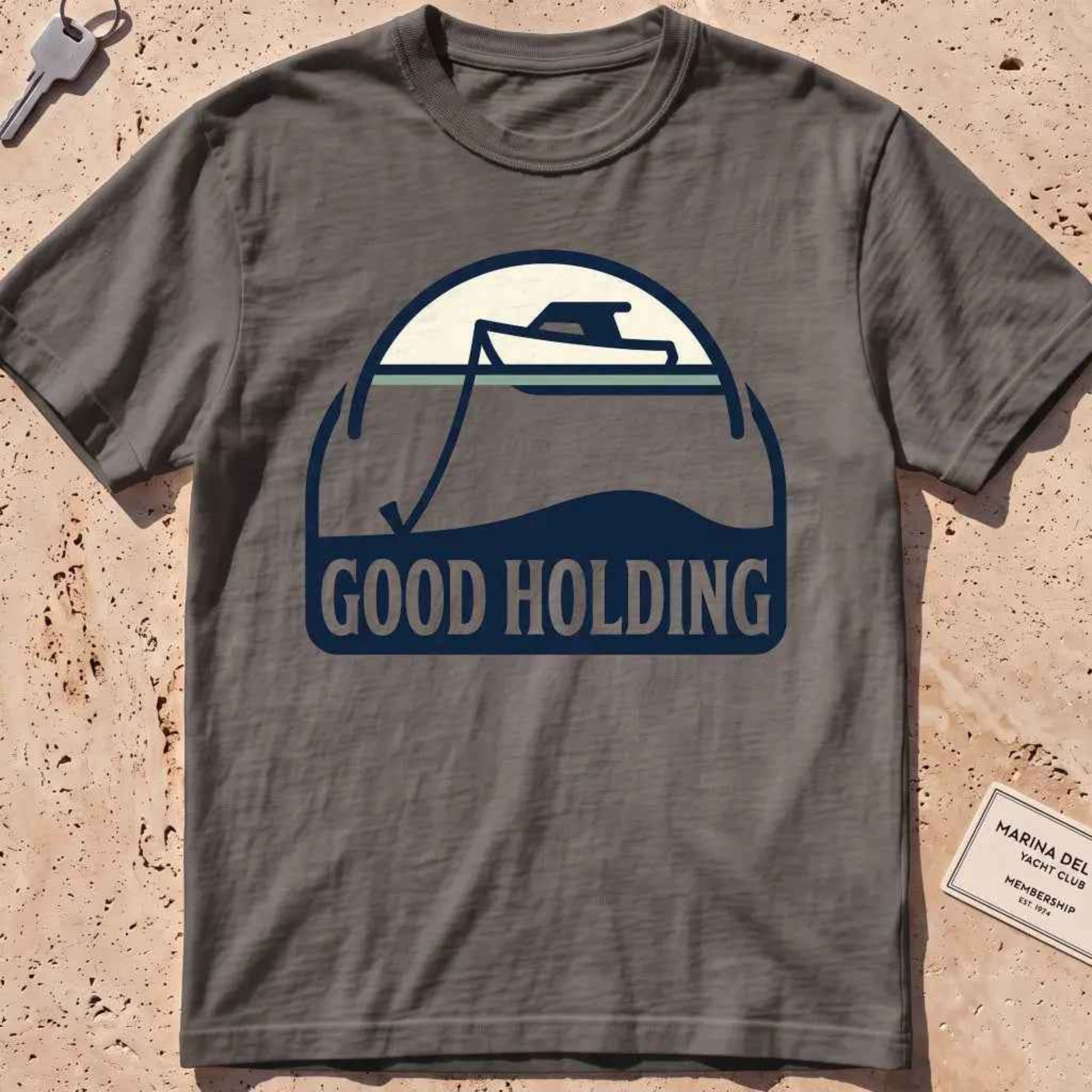 pepper heavyweight tee with a boat and anchor-rode "Good Holding" badge.