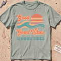 bay heavyweight tee with retro "Good Vibes and Good Tides" sun-and-wave script.