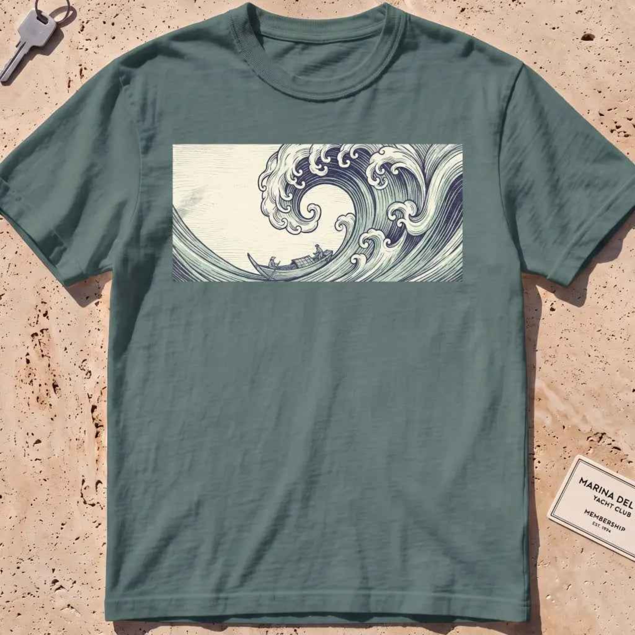 blue spruce heavyweight tee with a cresting great-wave and small boat graphic.