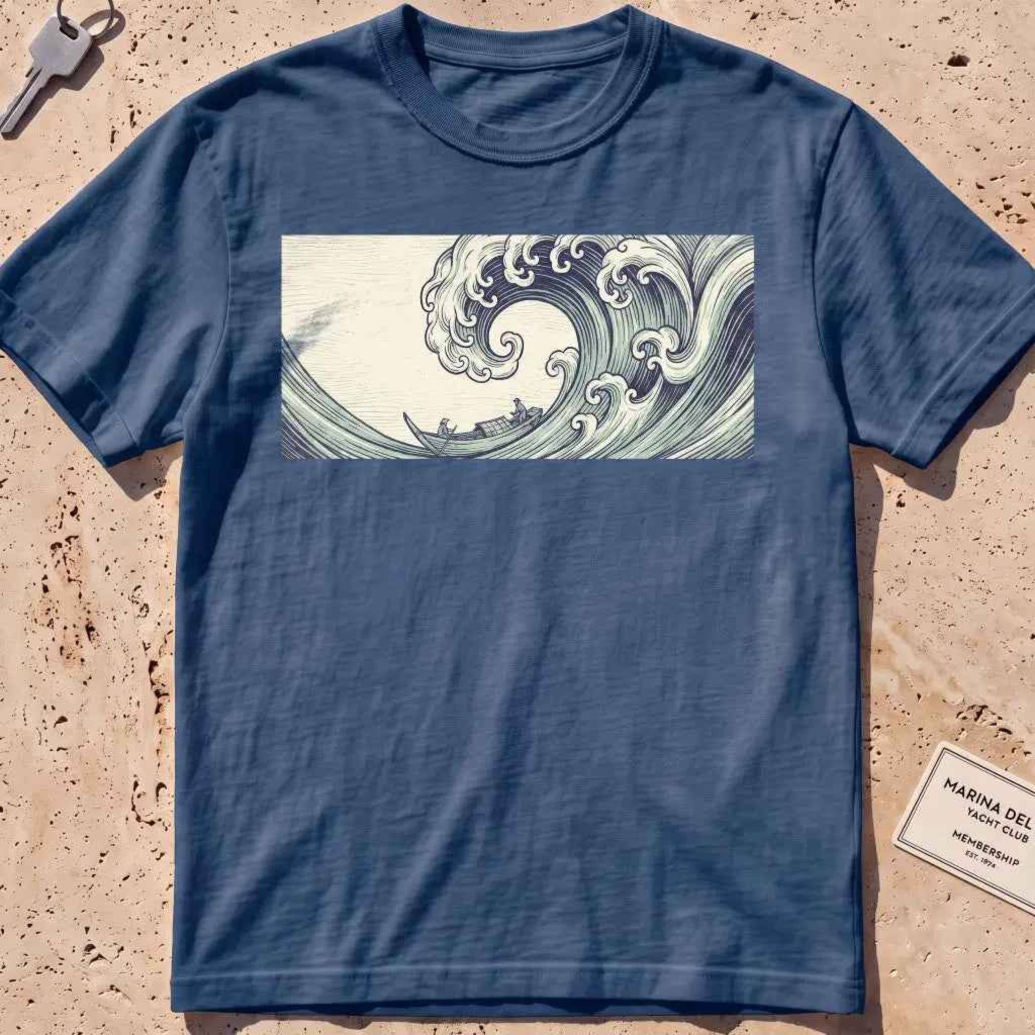 midnight heavyweight tee with a cresting great-wave and small boat graphic.
