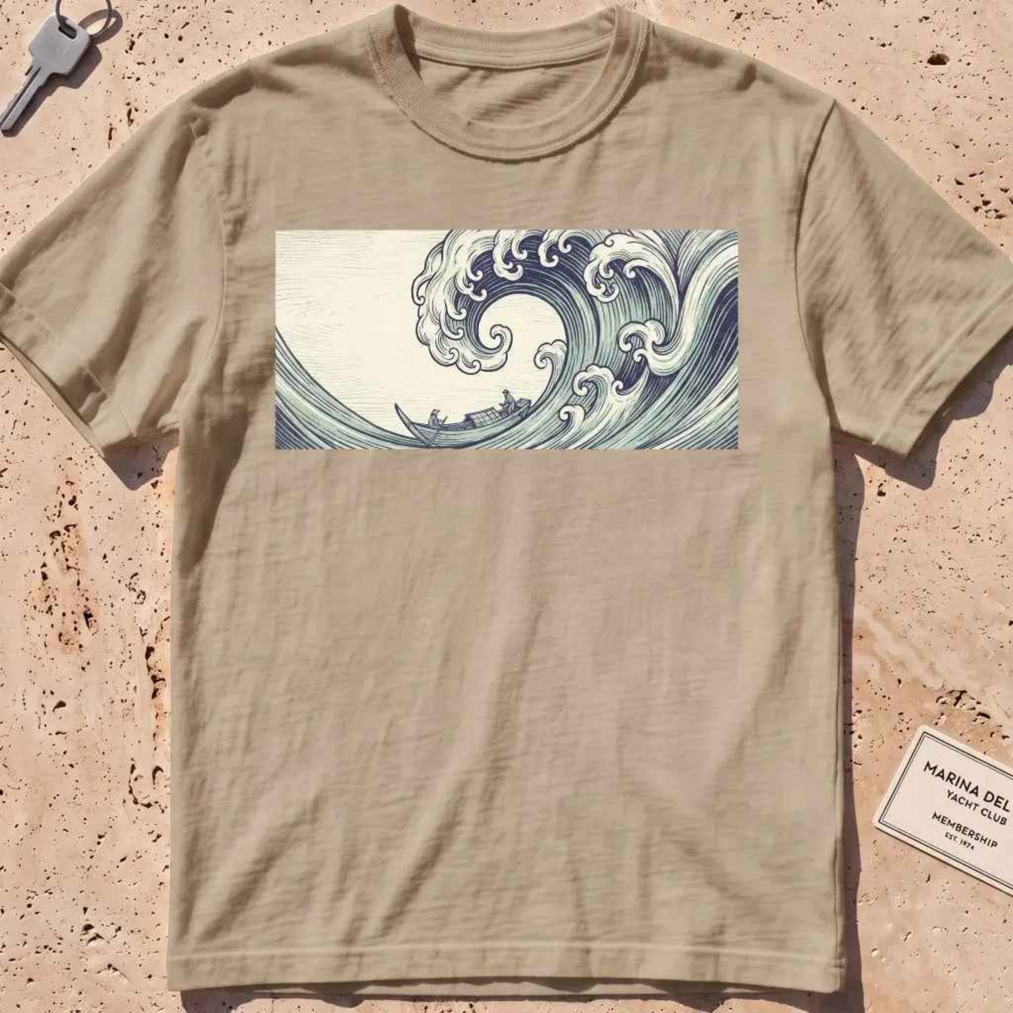 khaki heavyweight tee with a cresting great-wave and small boat graphic.