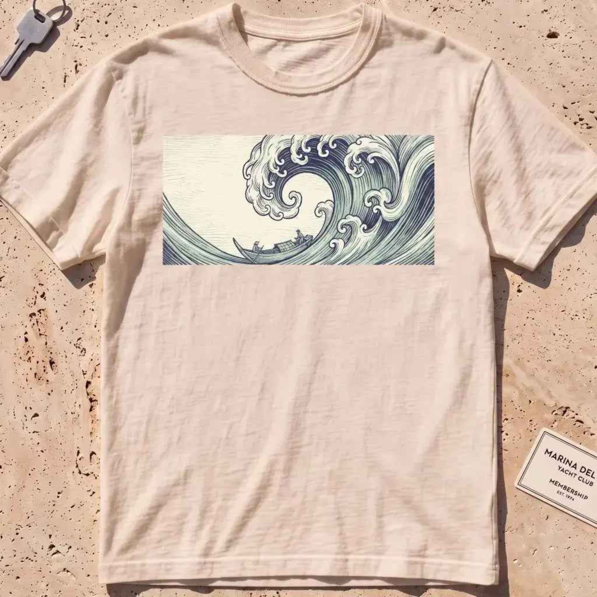 ivory heavyweight tee with a cresting great-wave and small boat graphic.