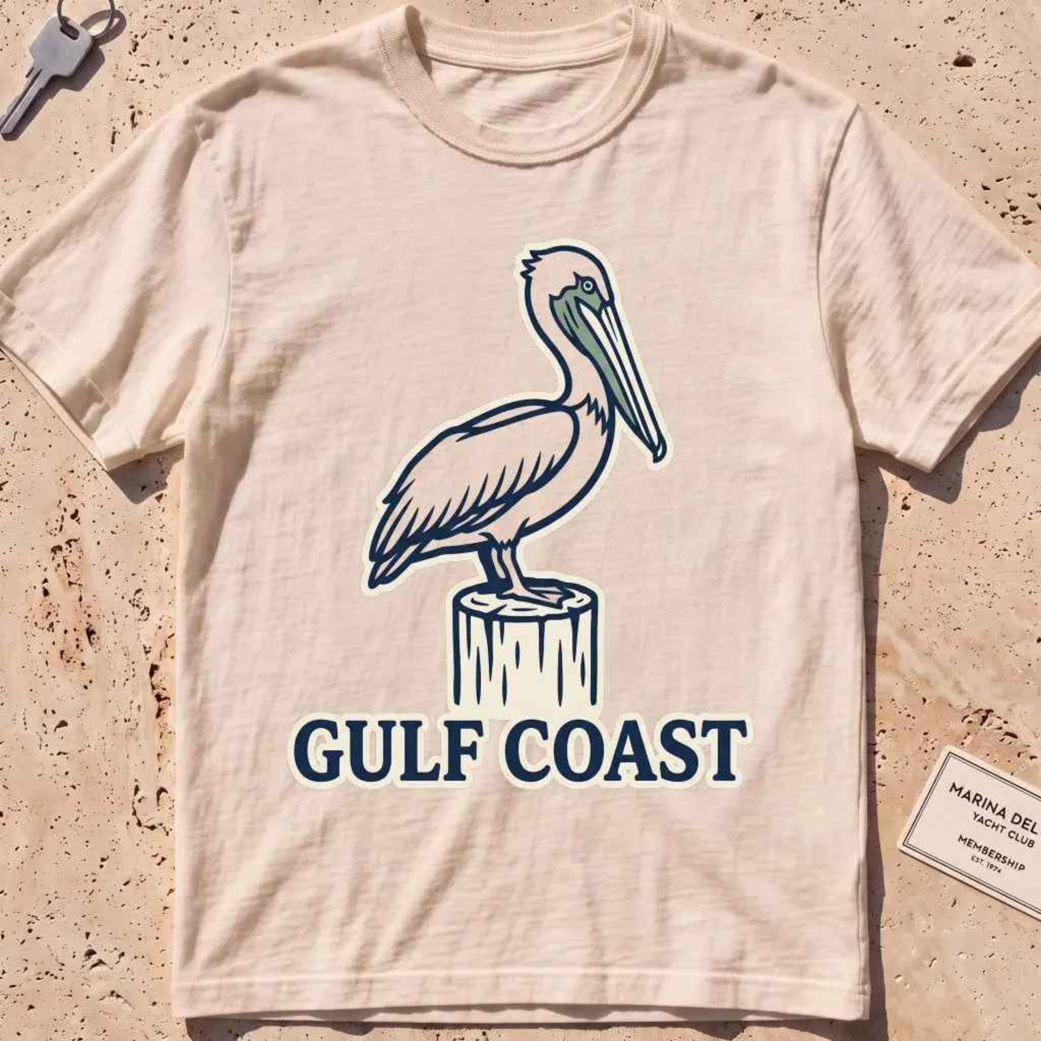 ivory heavyweight tee with a pelican perched on a dock piling graphic.